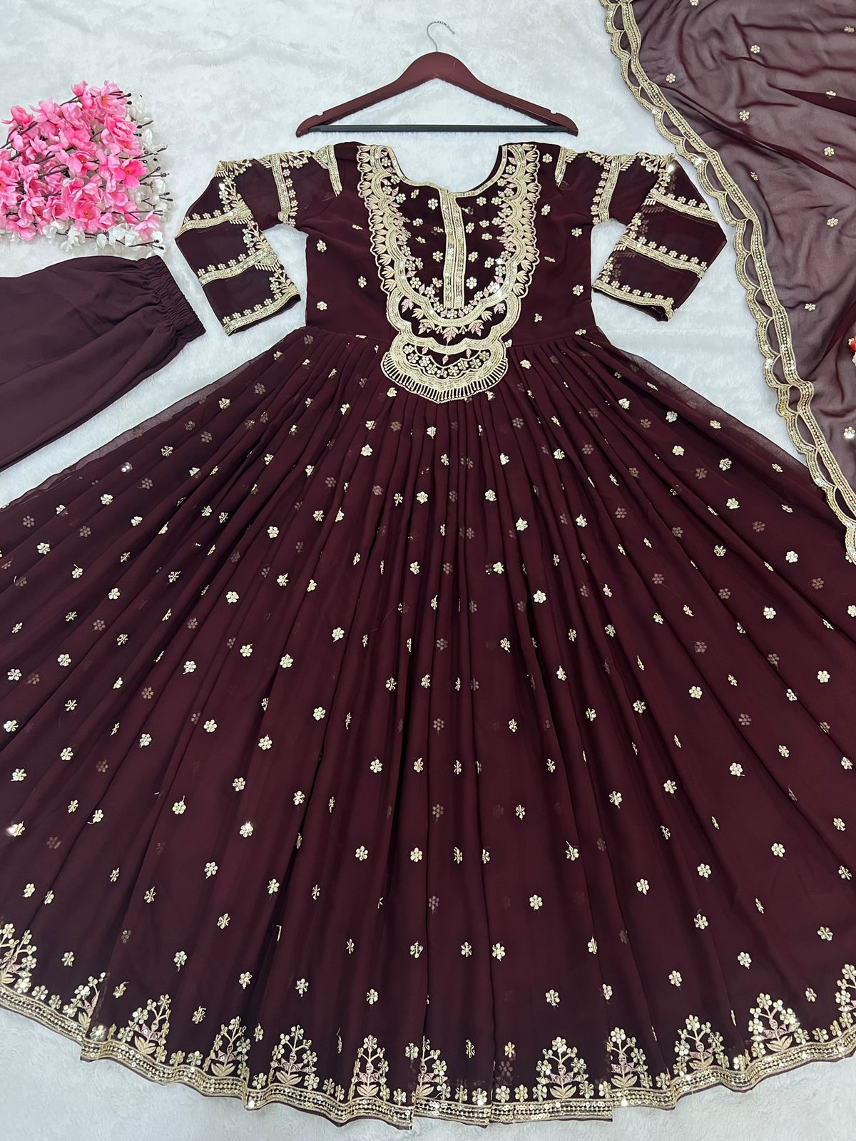 Pretty Brown Color Fully Embroidery Work Gown