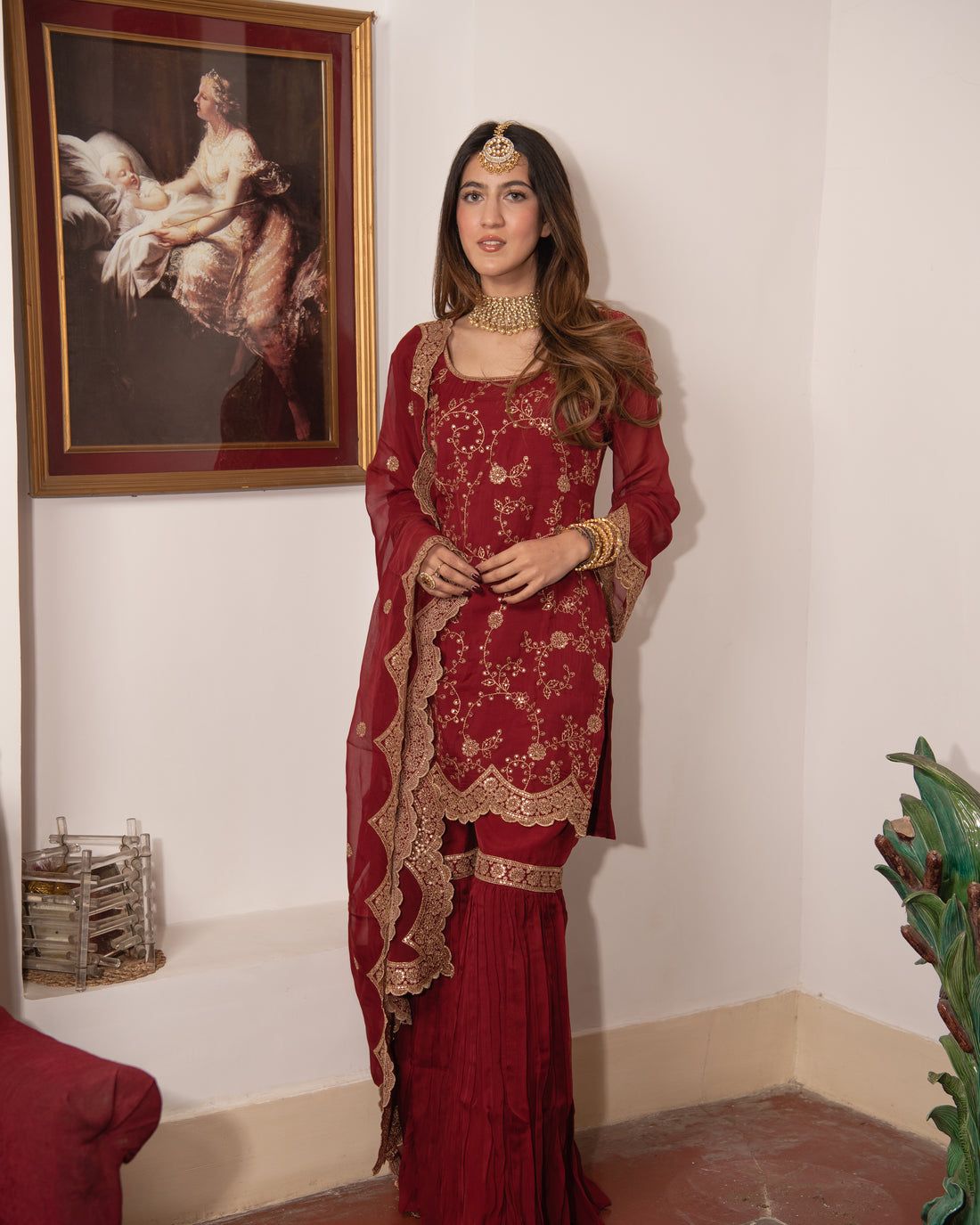 Glimmering Maroon Color Embroidery Work Sharara Suit