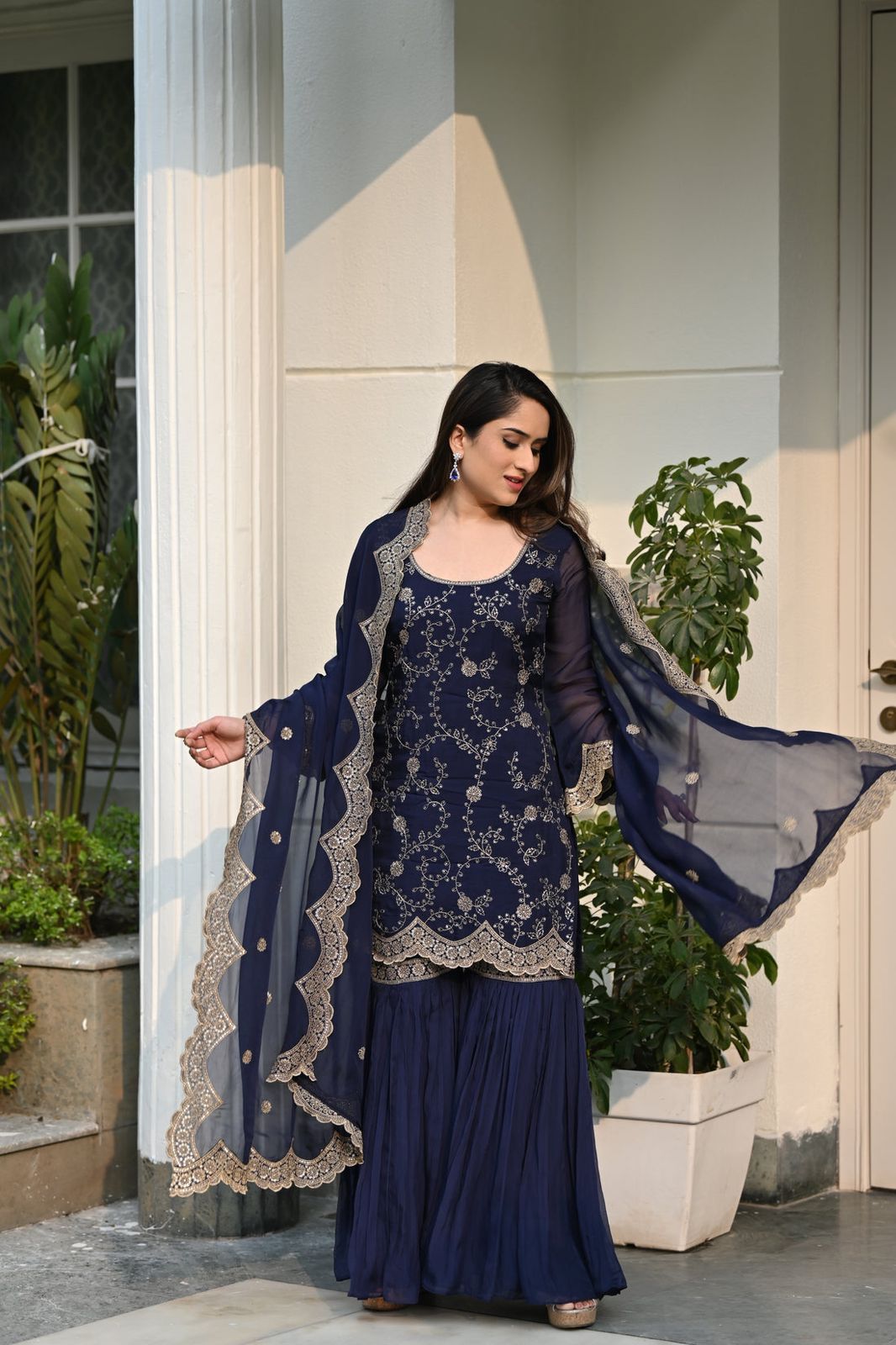 Glimmering Navy Blue Color Embroidery Work Sharara Suit