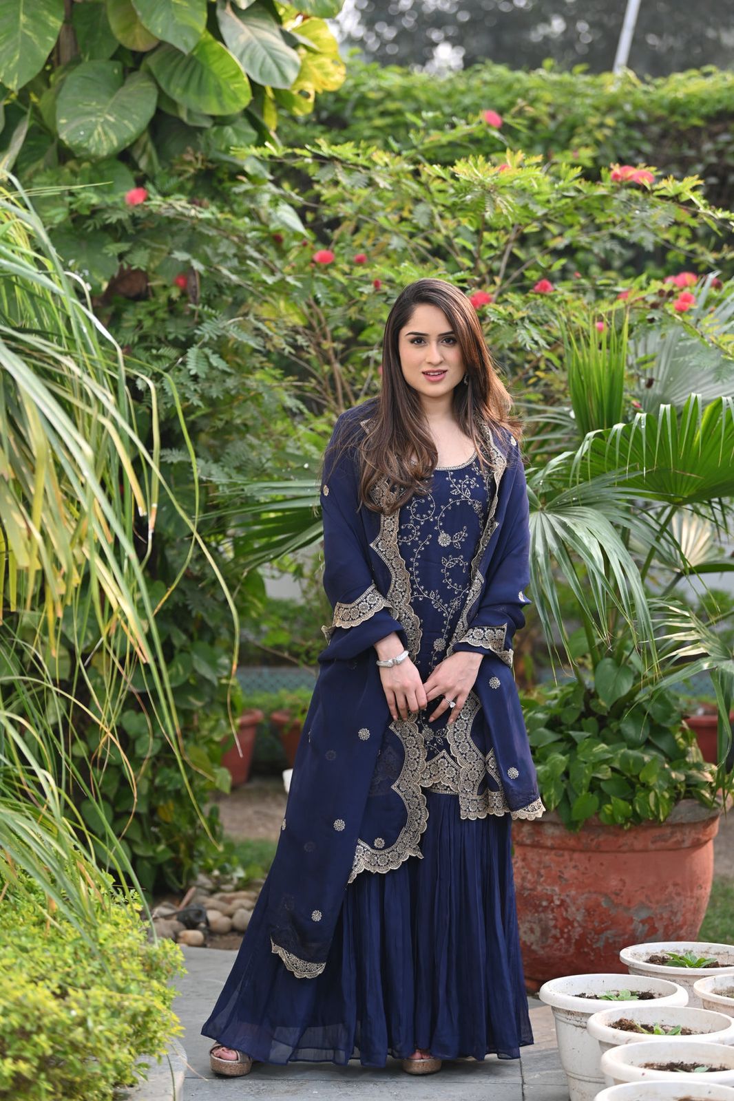 Glimmering Navy Blue Color Embroidery Work Sharara Suit