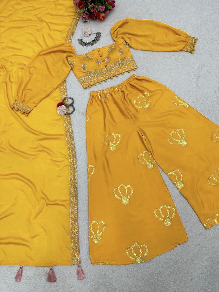 Haldi Wear Yellow Color Chinon Silk Palazzo Suit