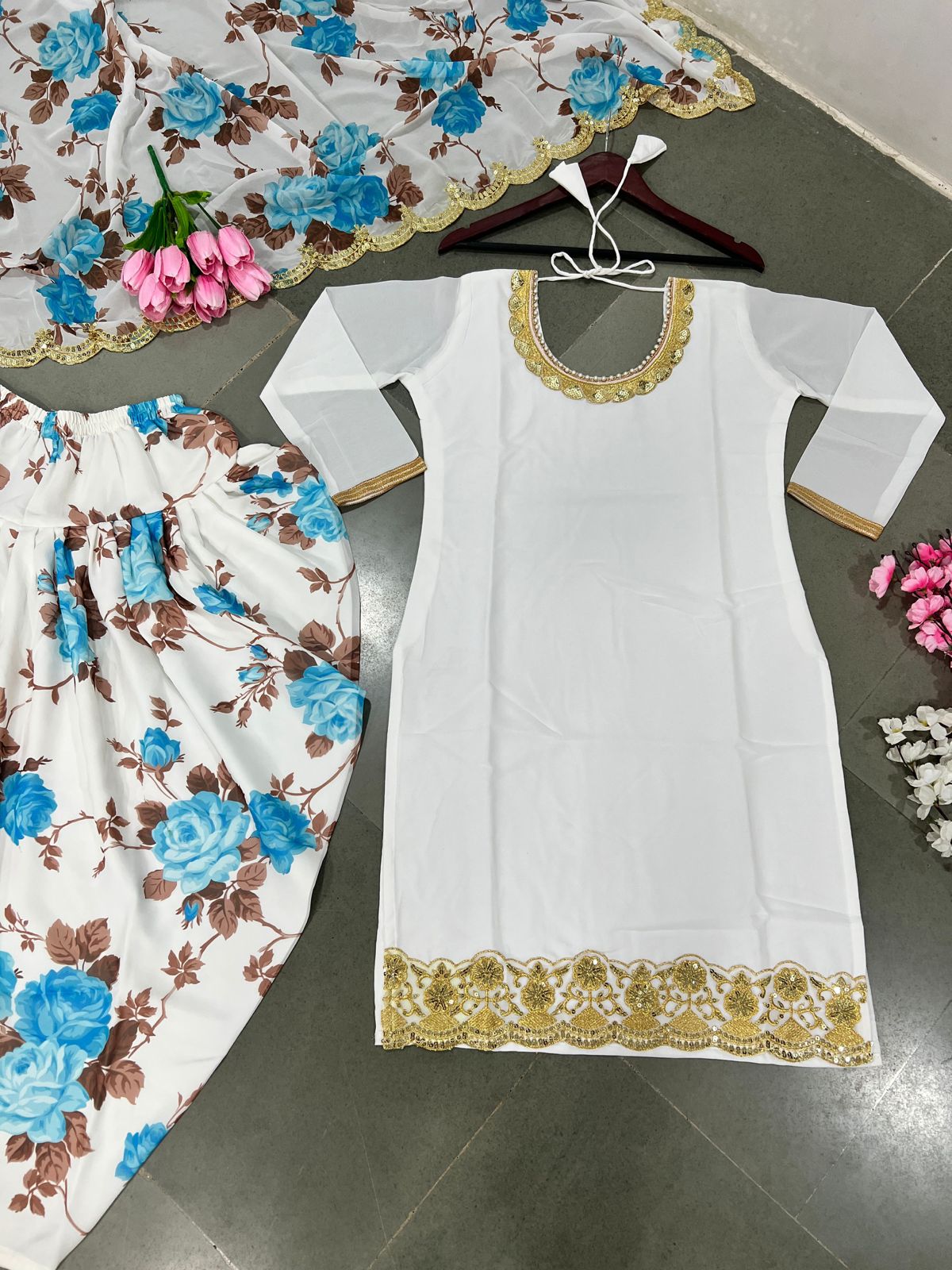 Lovely White and Sky Color Sequence Work Dhoti Suit