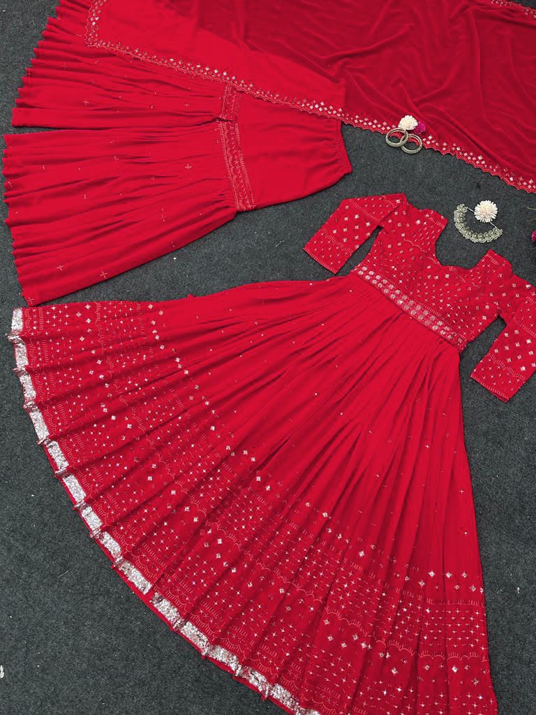 Wonderful Red Color Long Gown With Sharara