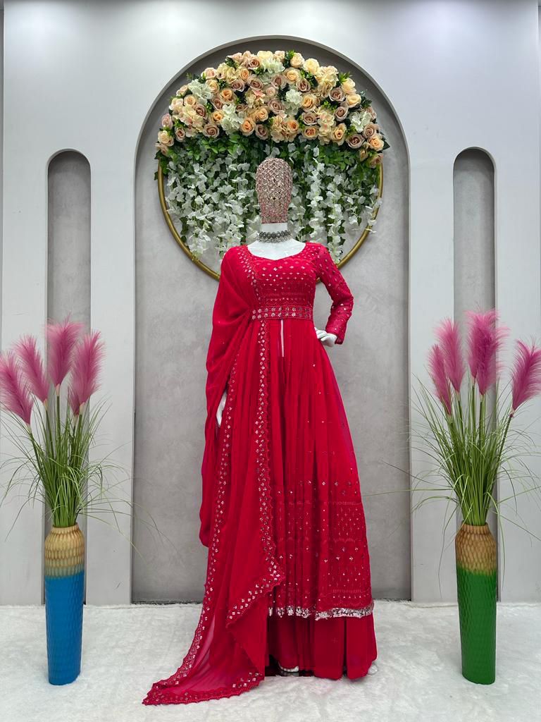 Wonderful Red Color Long Gown With Sharara