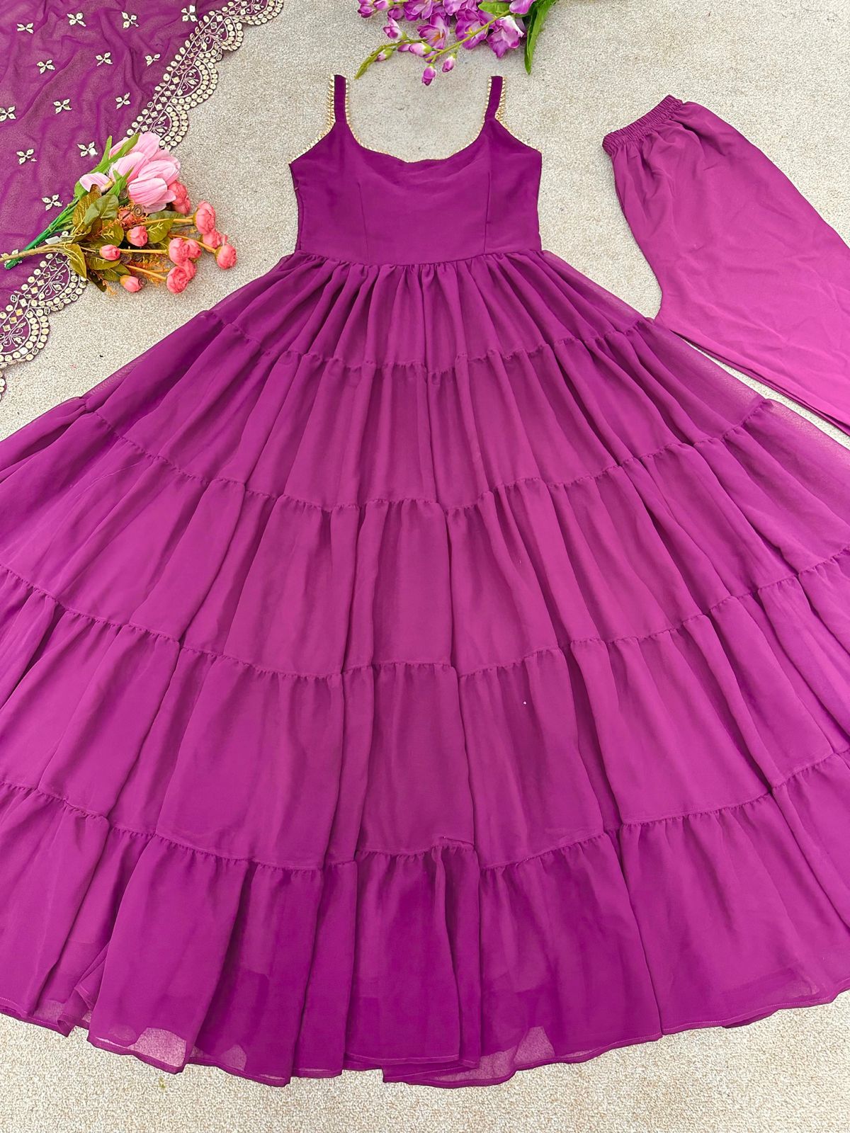 Beautiful Wine Color Ruffle Flair Anarkali Gown