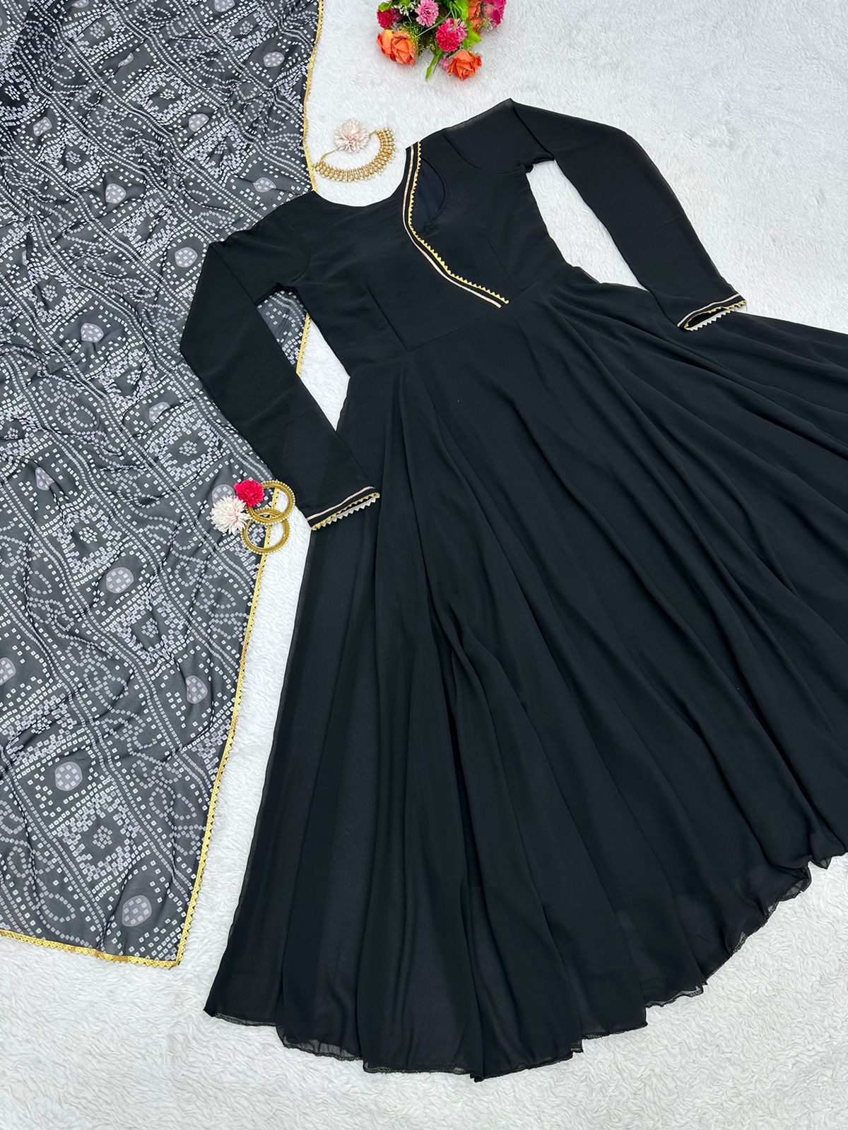 Plain Black Color Gown With Printed Organza Dupatta – Vastra Shop