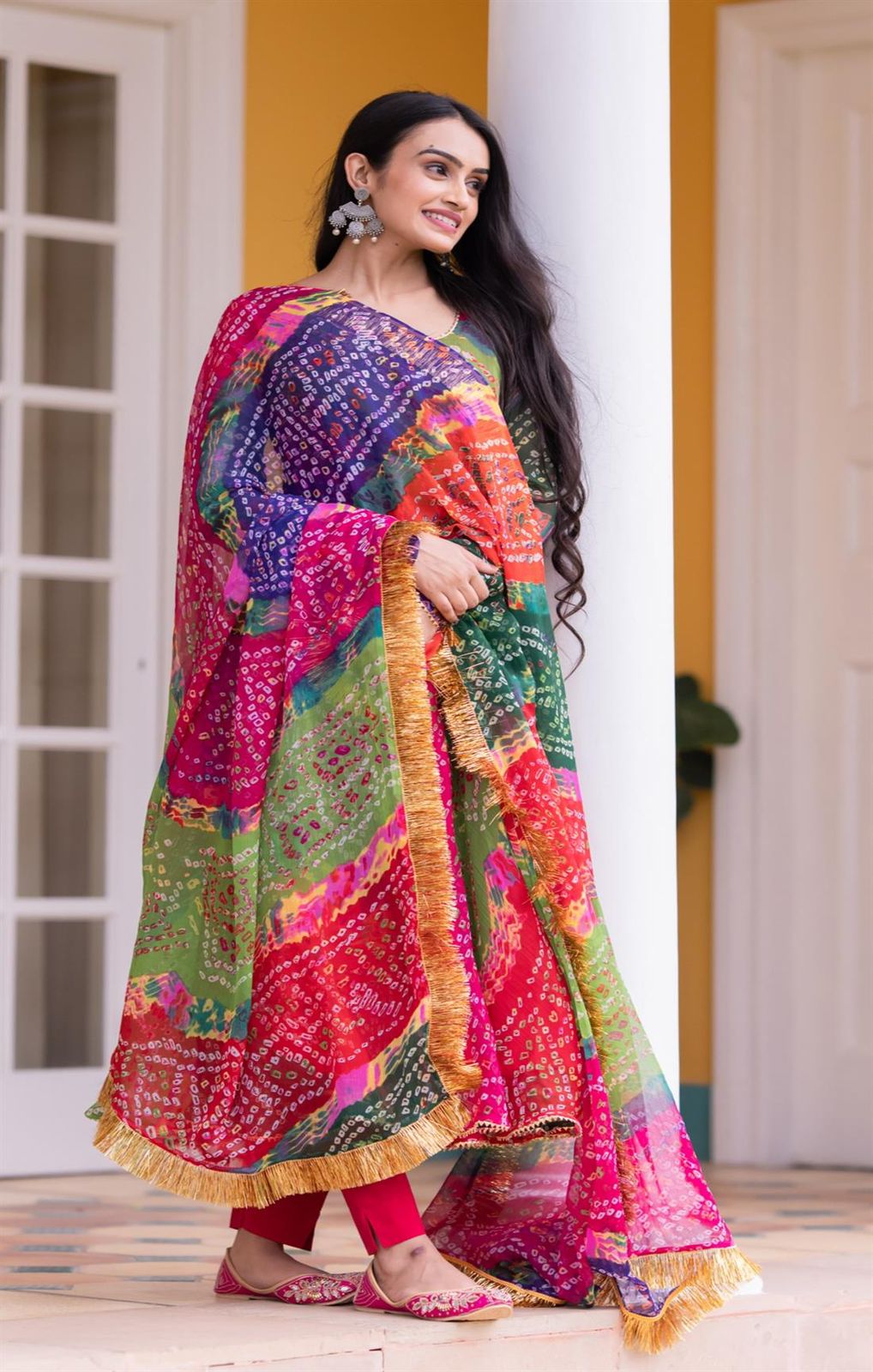 Good Looking Multi Color Print With Lacs Work Gown