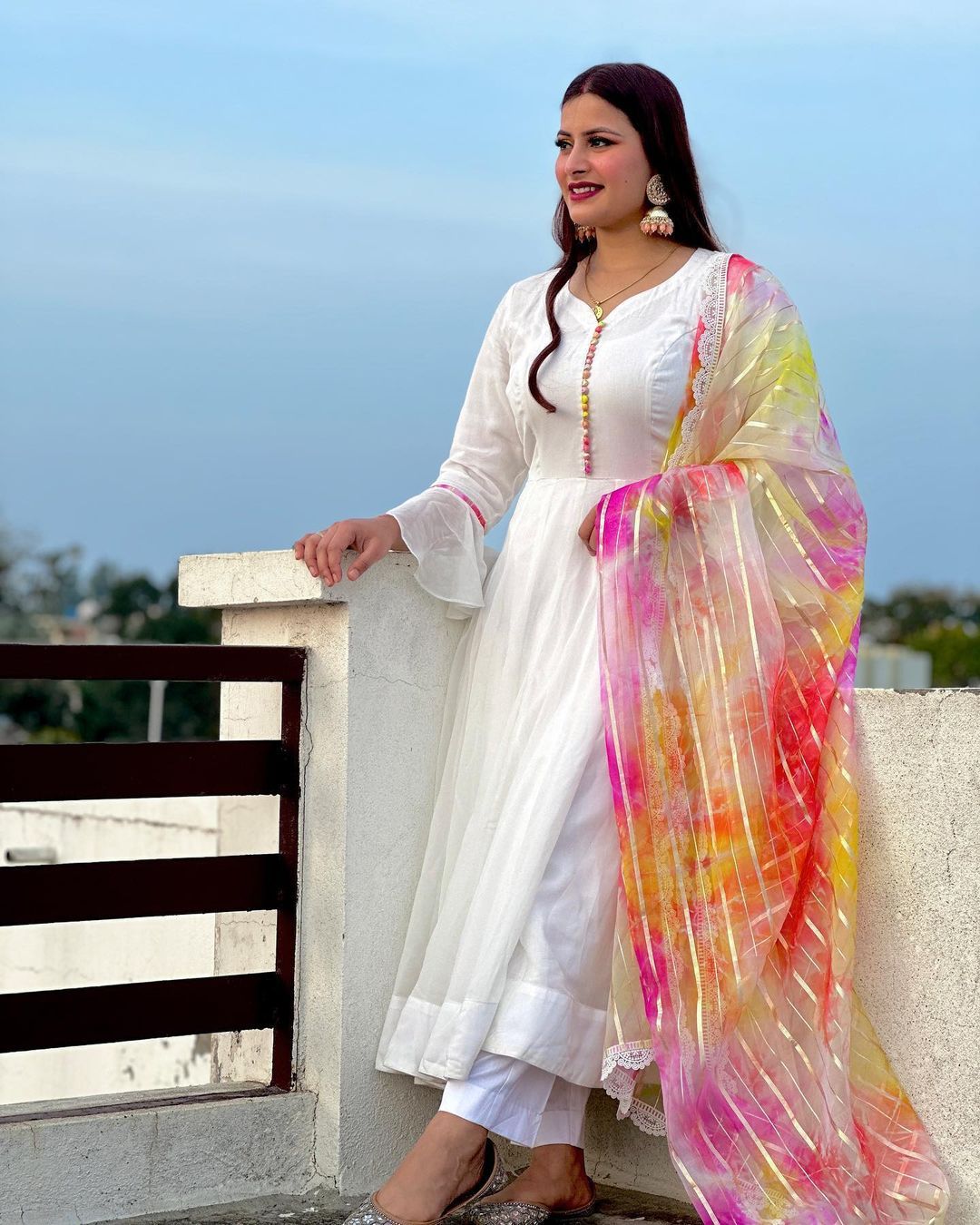 White Color Anarkali Gown With Beautiful Dupatta