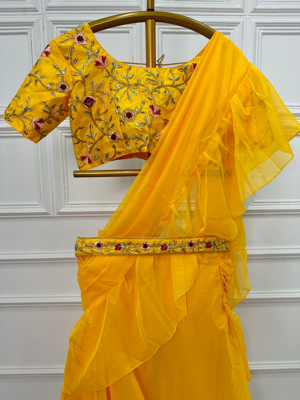 Party Wear Yellow Color Ruffled Pallu Lehenga Saree