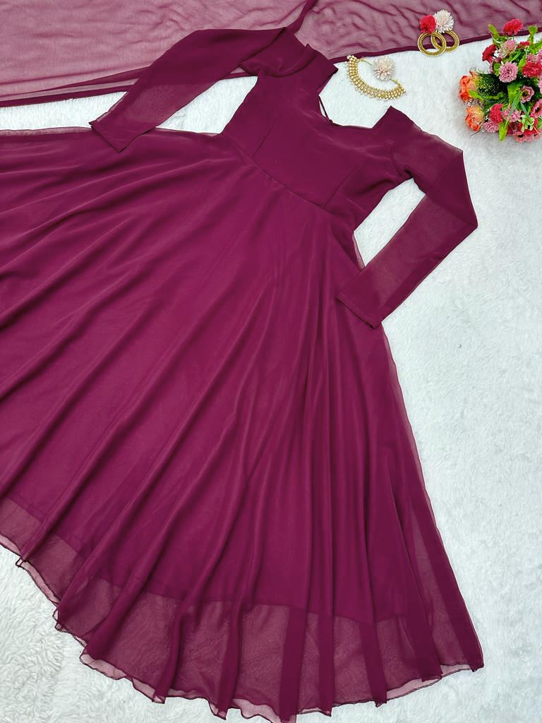 Festive Wear Georgette Wine Color Anarkali Gown