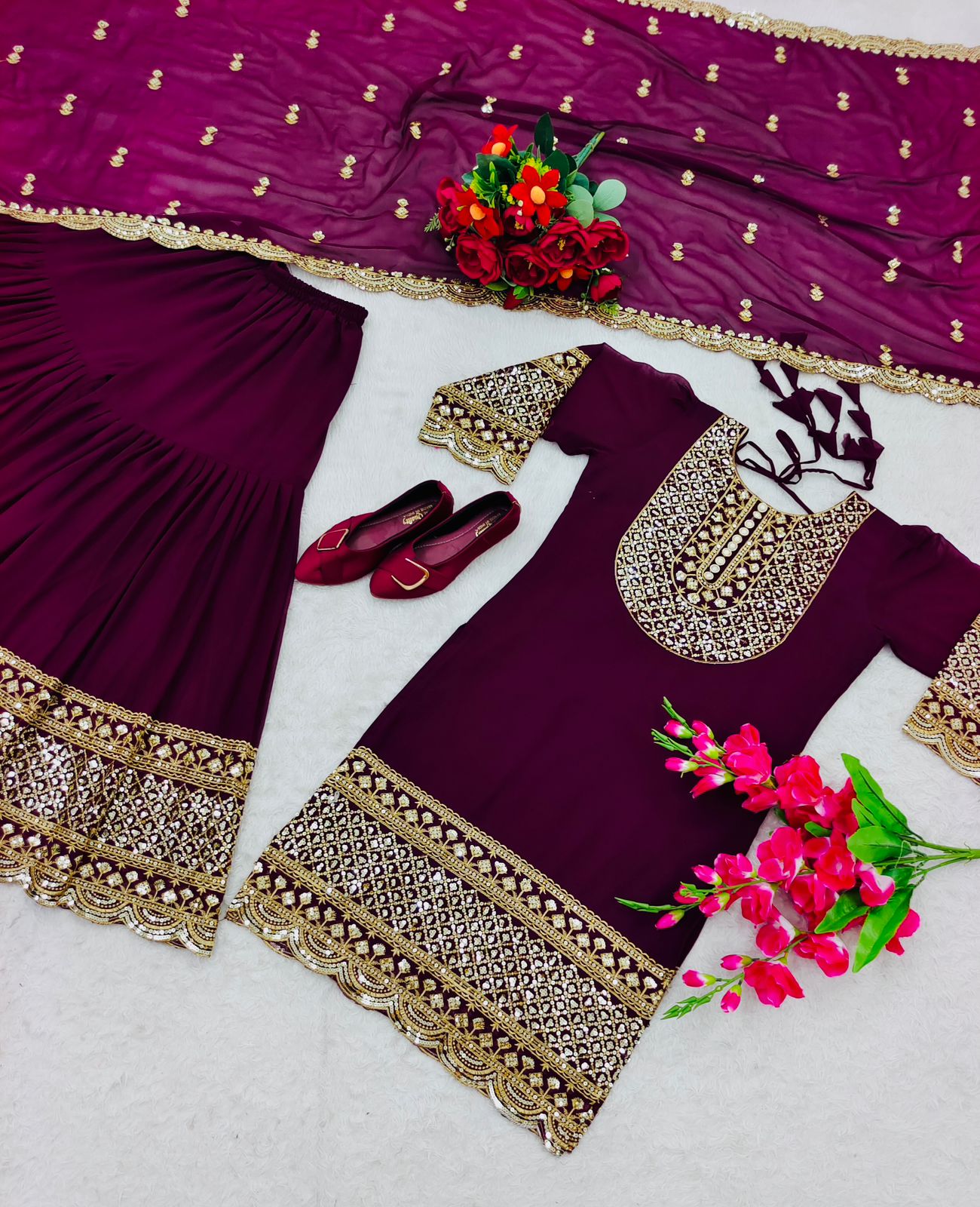 Glimmering Sequence Work Wine Color Sharara Suit