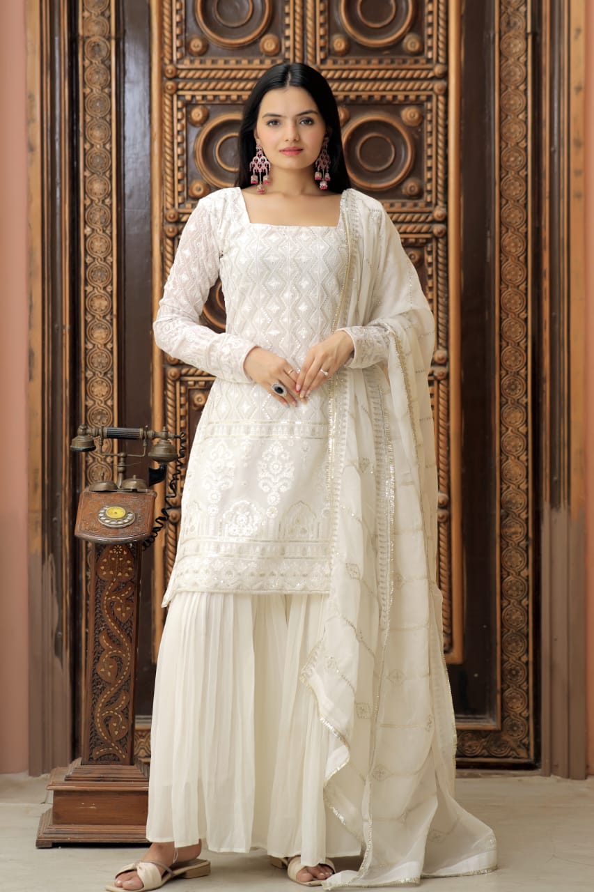 Stylish Embroidered Work White Color Sharara Suit