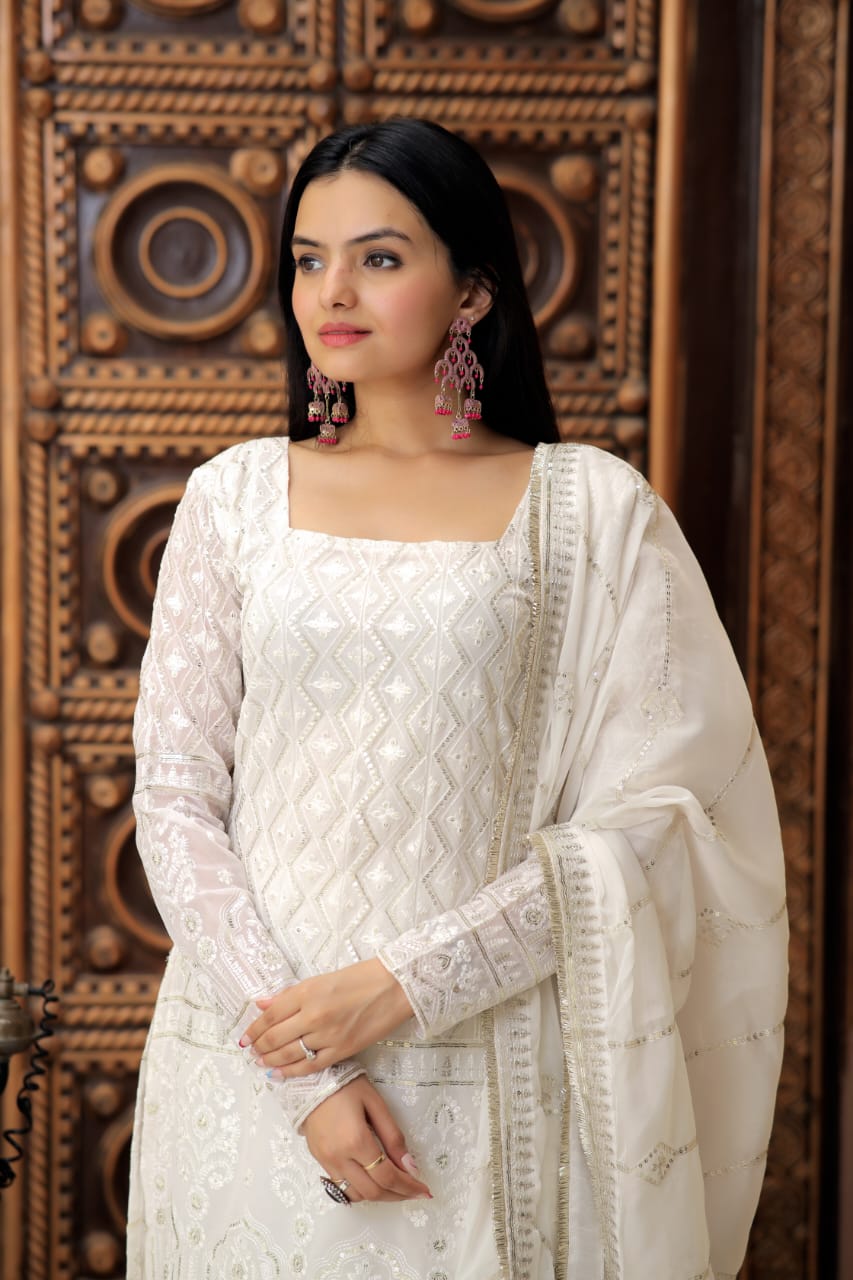 Stylish Embroidered Work White Color Sharara Suit