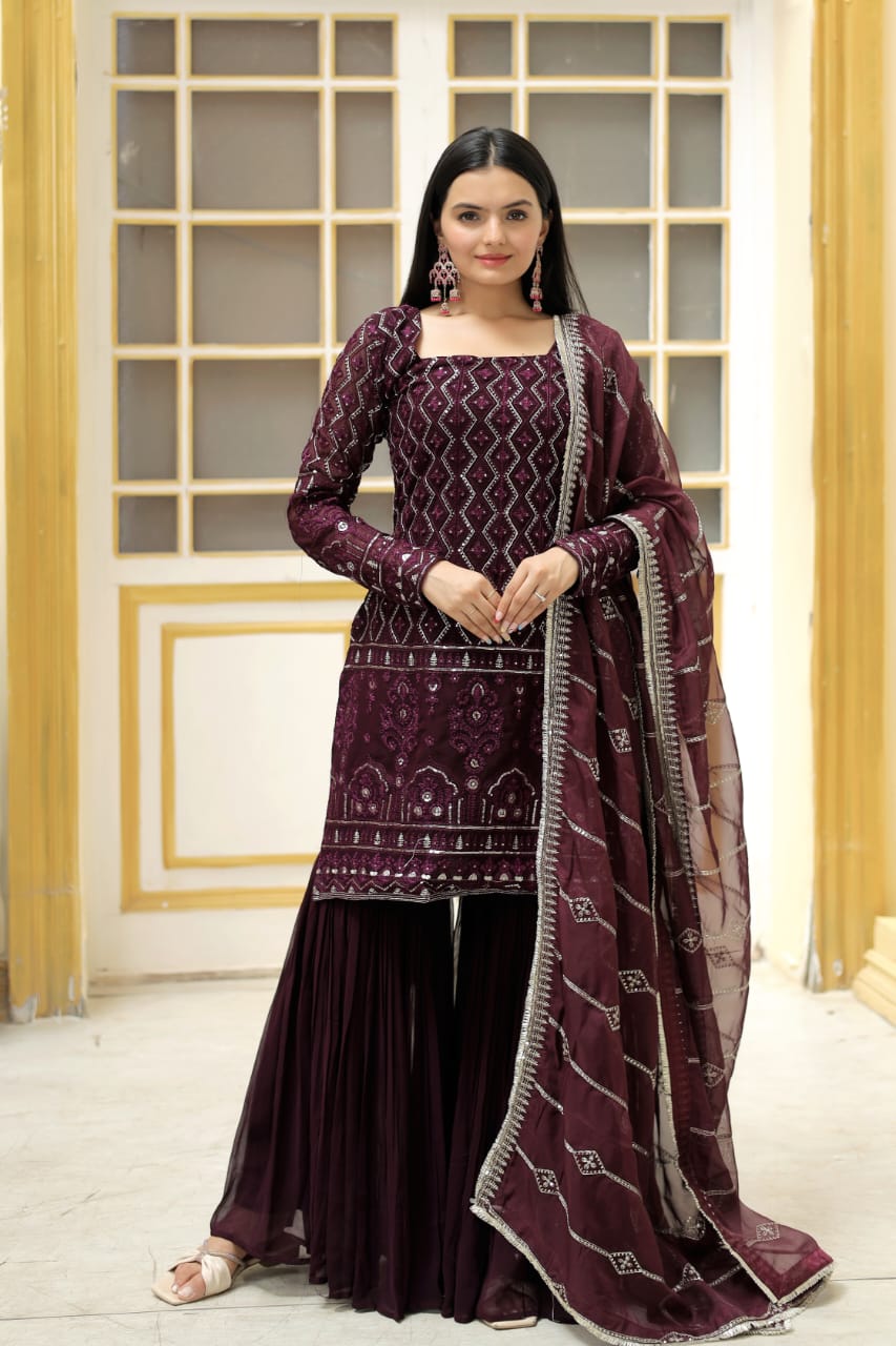 Stylish Embroidered Work Wine Color Sharara Suit