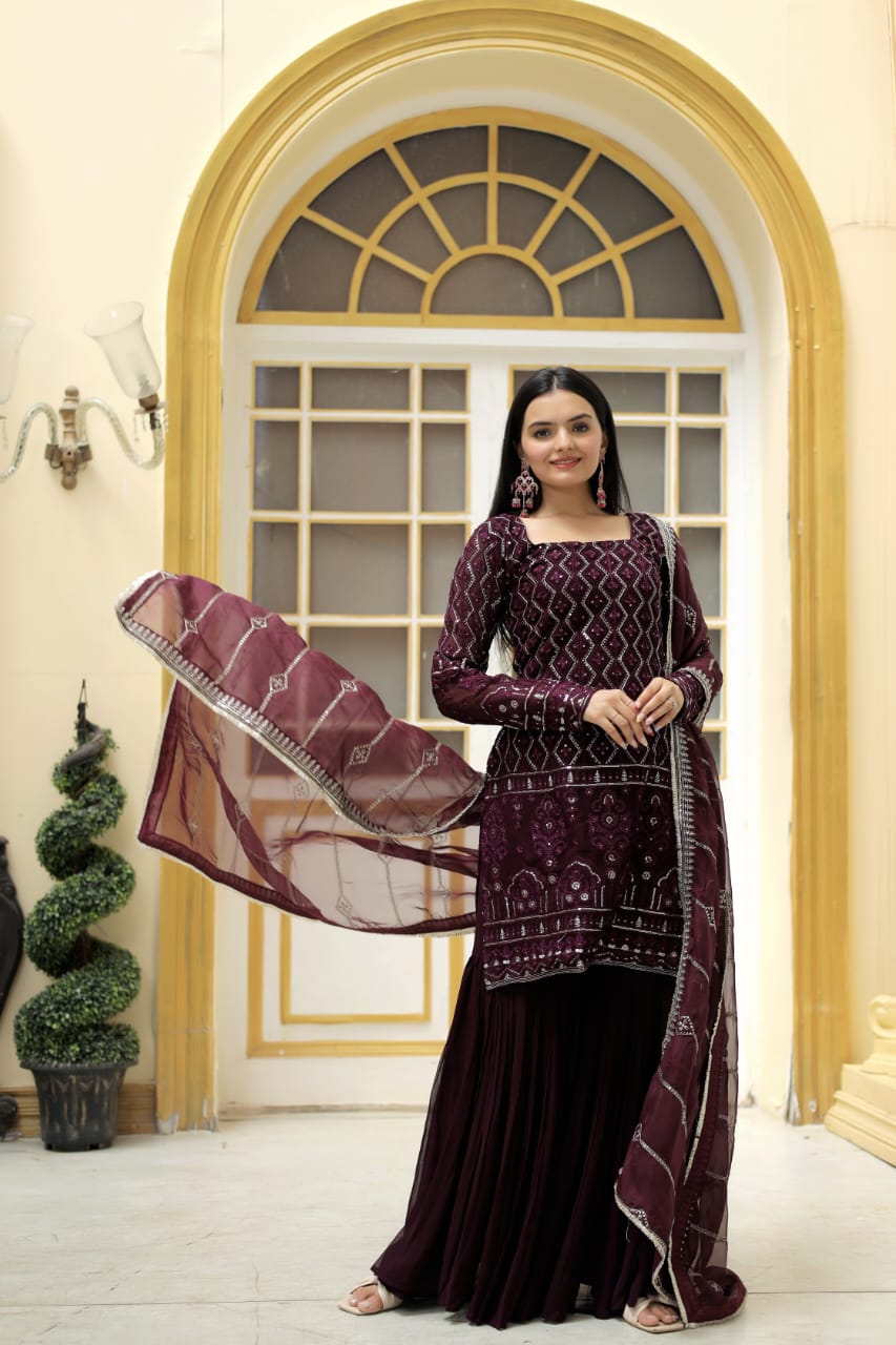 Stylish Embroidered Work Wine Color Sharara Suit