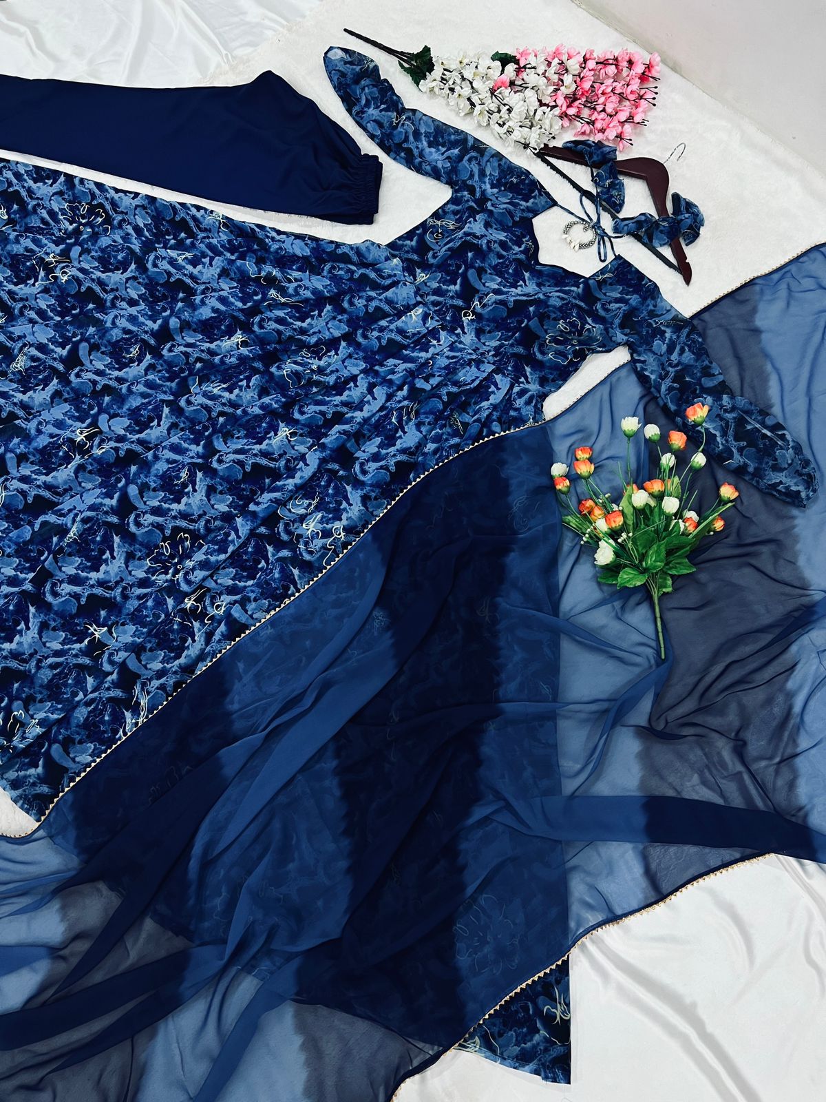 Captivating Navy Blue Digital Print Work Anarkali Gown