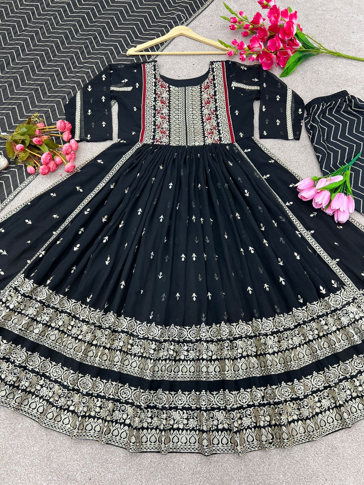 Opulent Embroidery Work Black Color Kurti Set