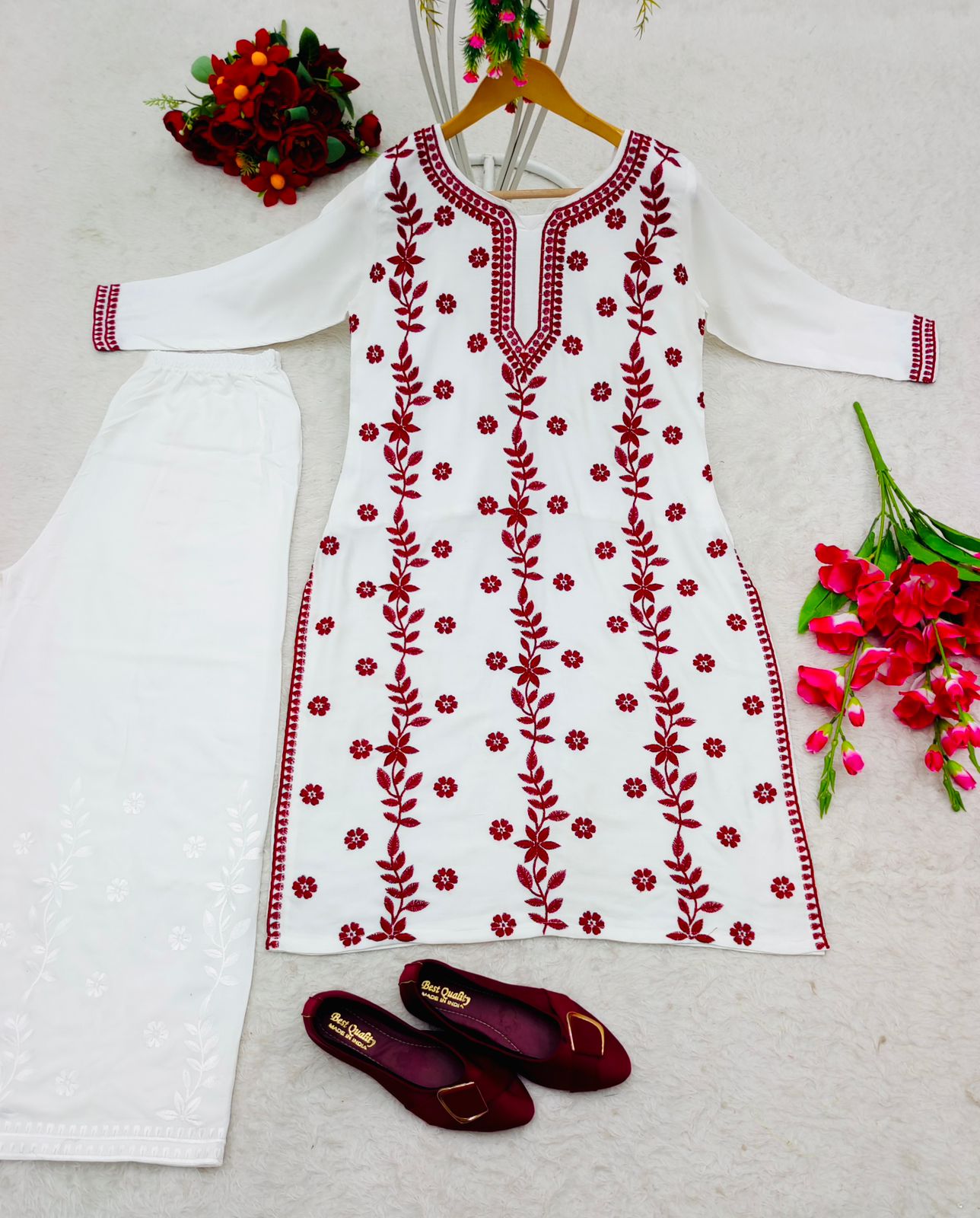 Casual Wear Red Color Thread Work Kurti With Palazzo