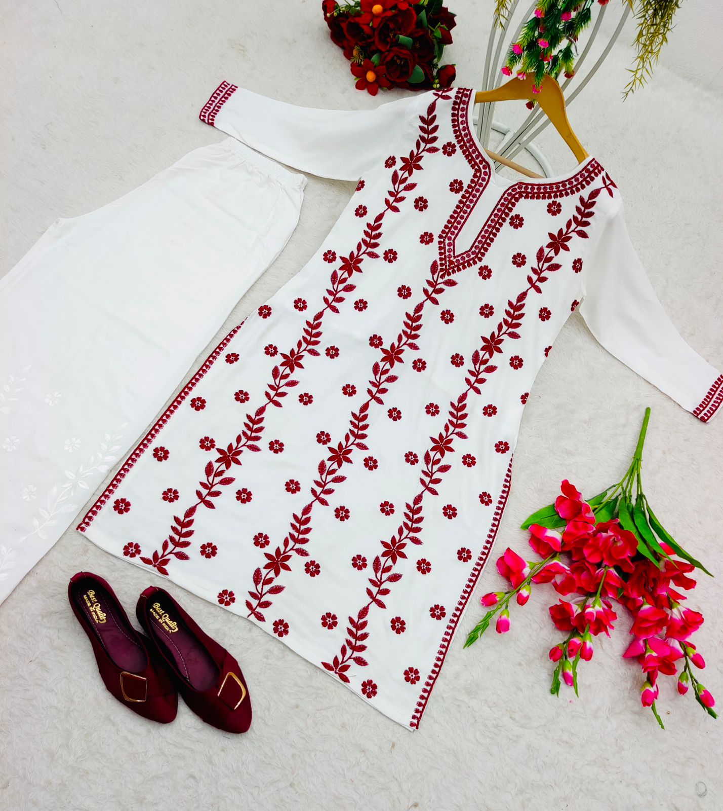 Casual Wear Red Color Thread Work Kurti With Palazzo