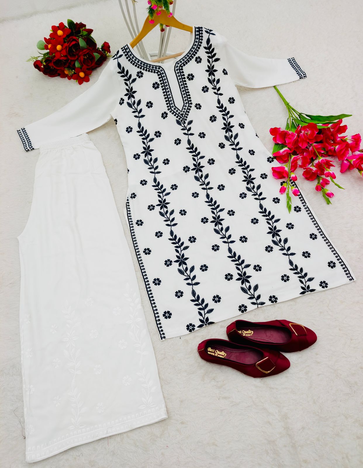 Casual Wear Black Color Thread Work Kurti With Palazzo