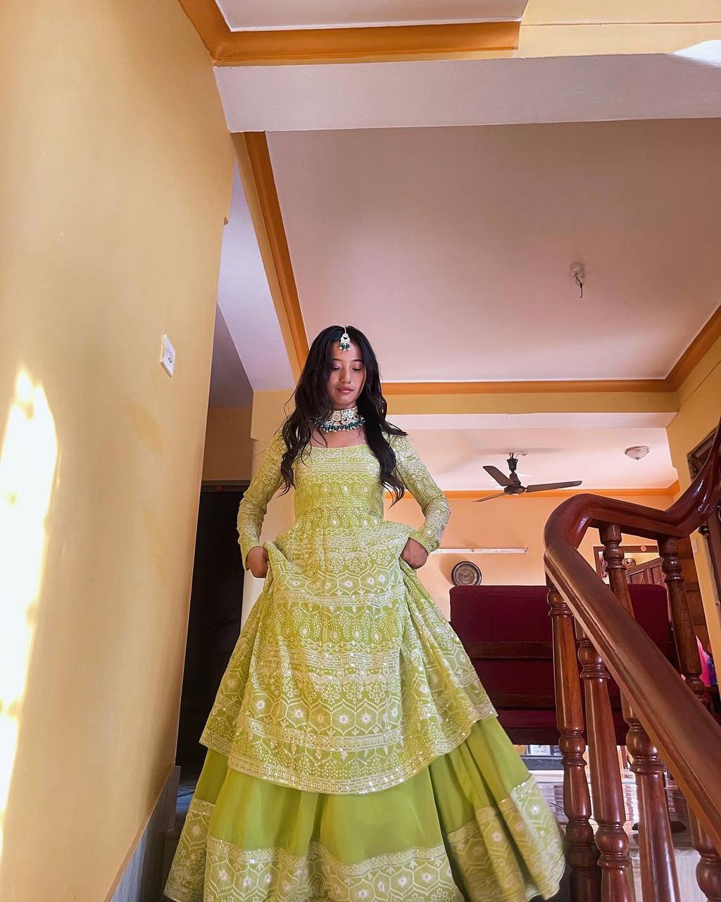 Function Wear Pista Green Sequence Work Top With Lehenga