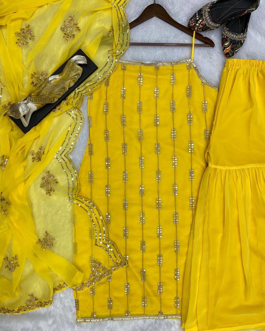 Attractive Embroidery Work Yellow Color Sharara Suit