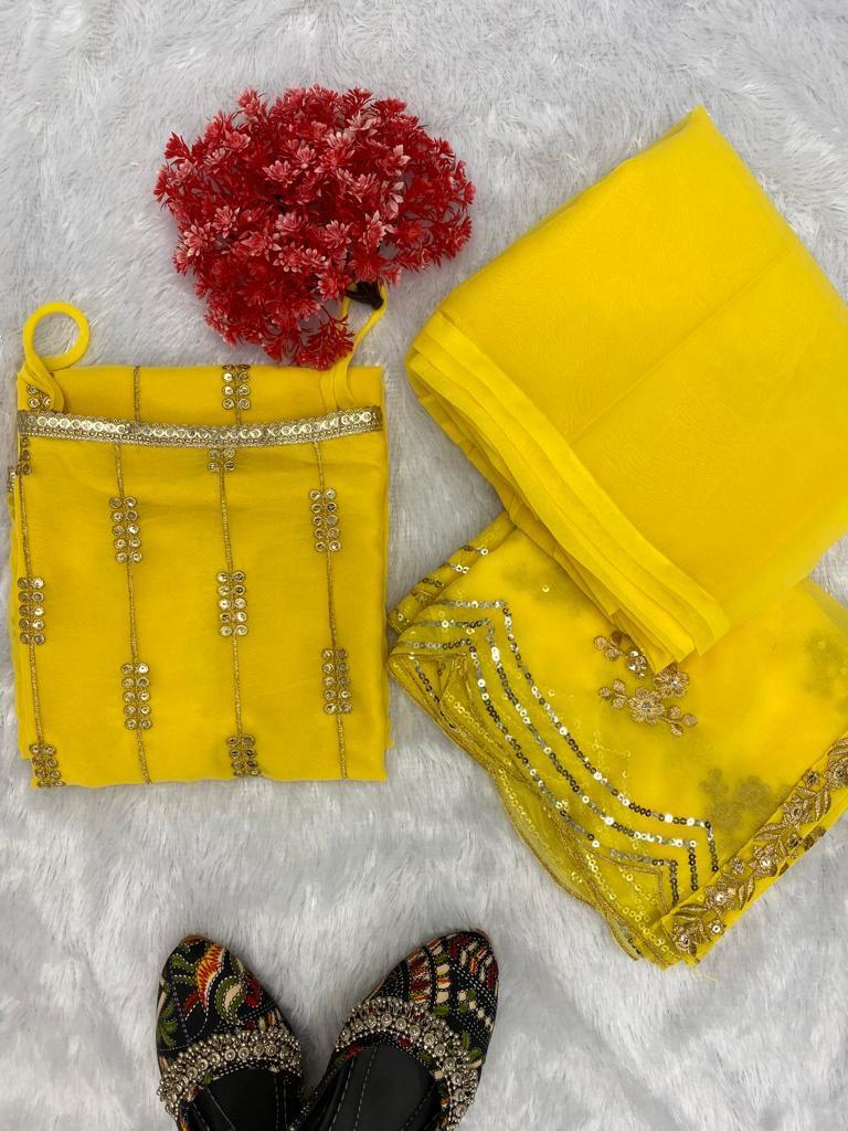 Attractive Embroidery Work Yellow Color Sharara Suit