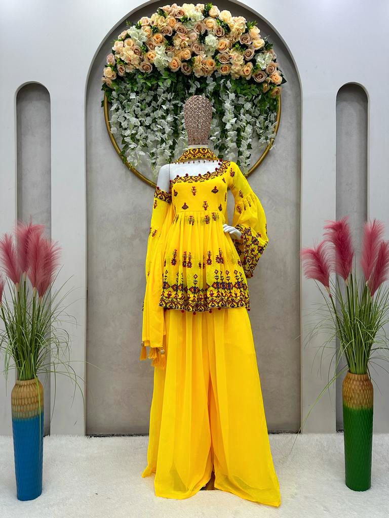 Lovely Sequence Yellow Color Top With Sharara