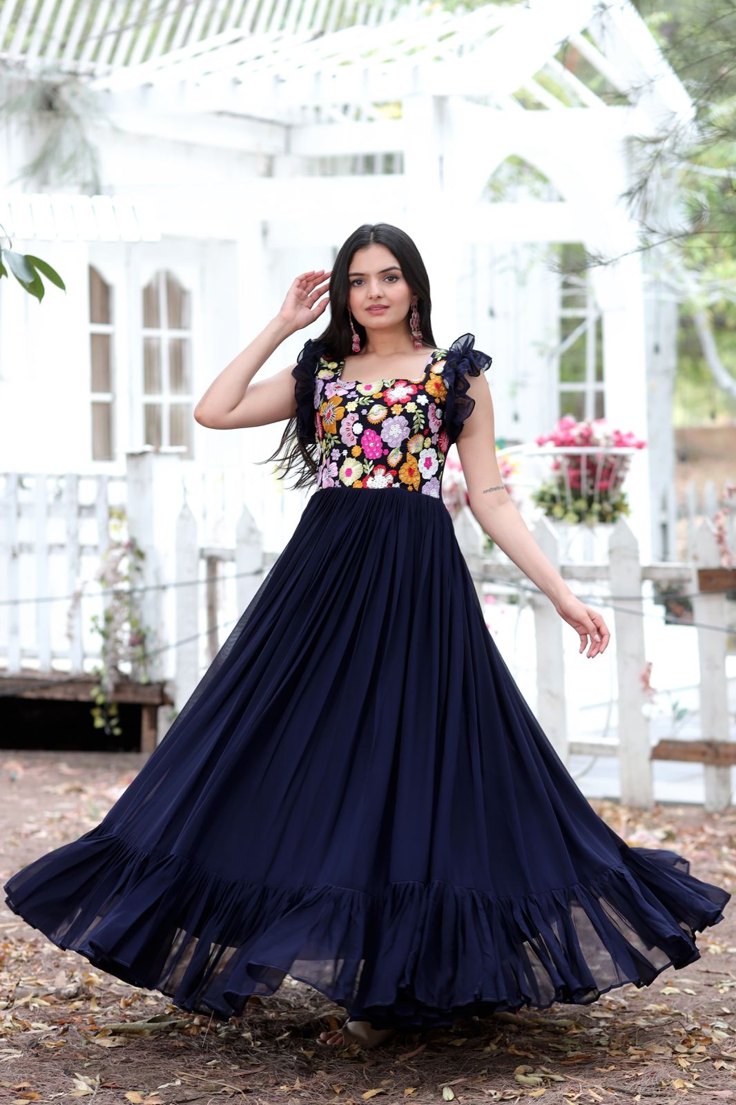 Party Wear Navy Blue Color Embroidered work Gown