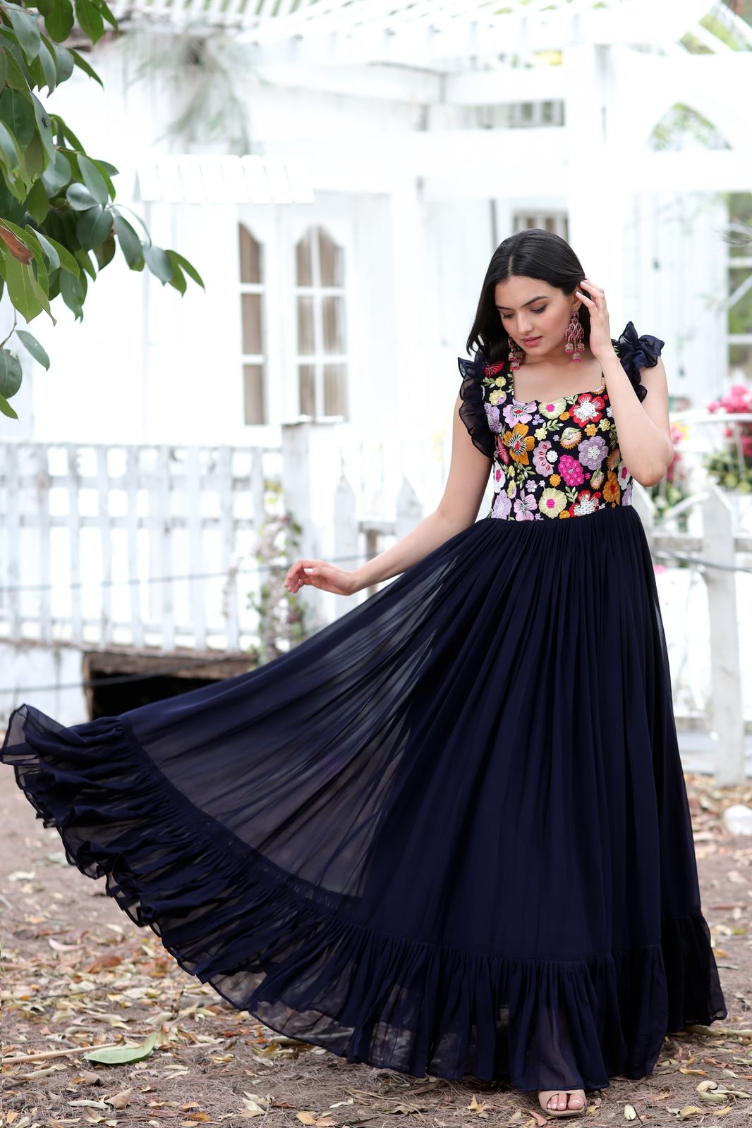 Party Wear Navy Blue Color Embroidered work Gown