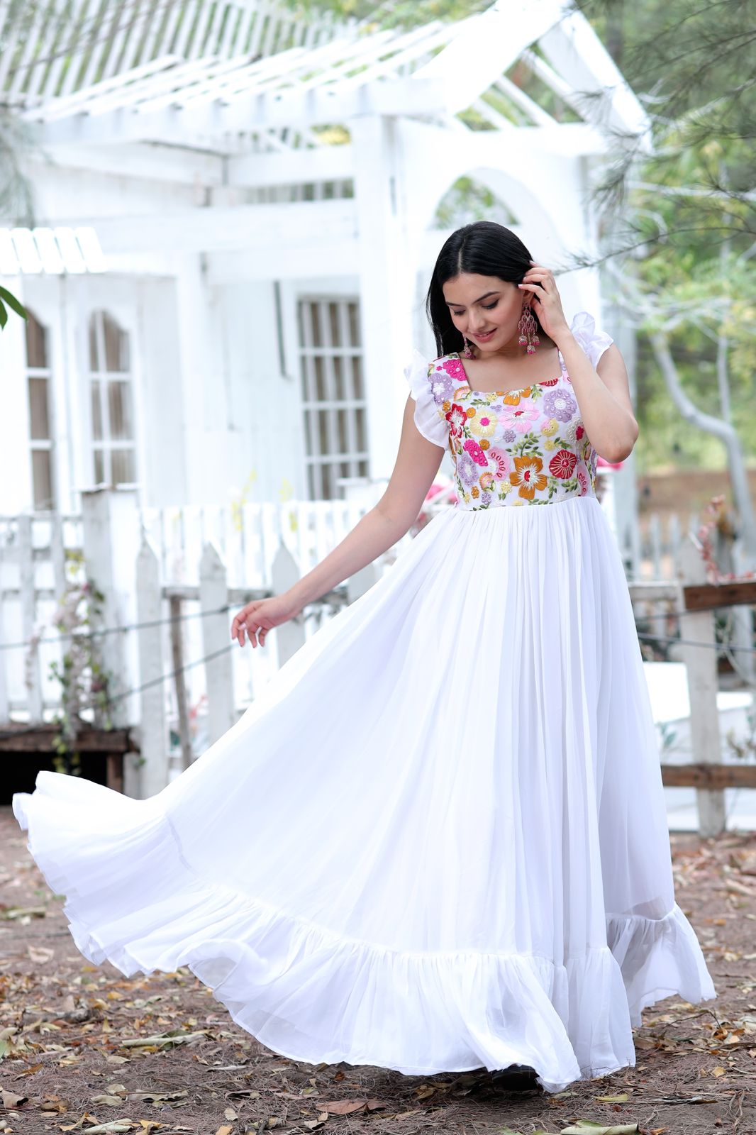 Party Wear White Color Embroidered work Gown