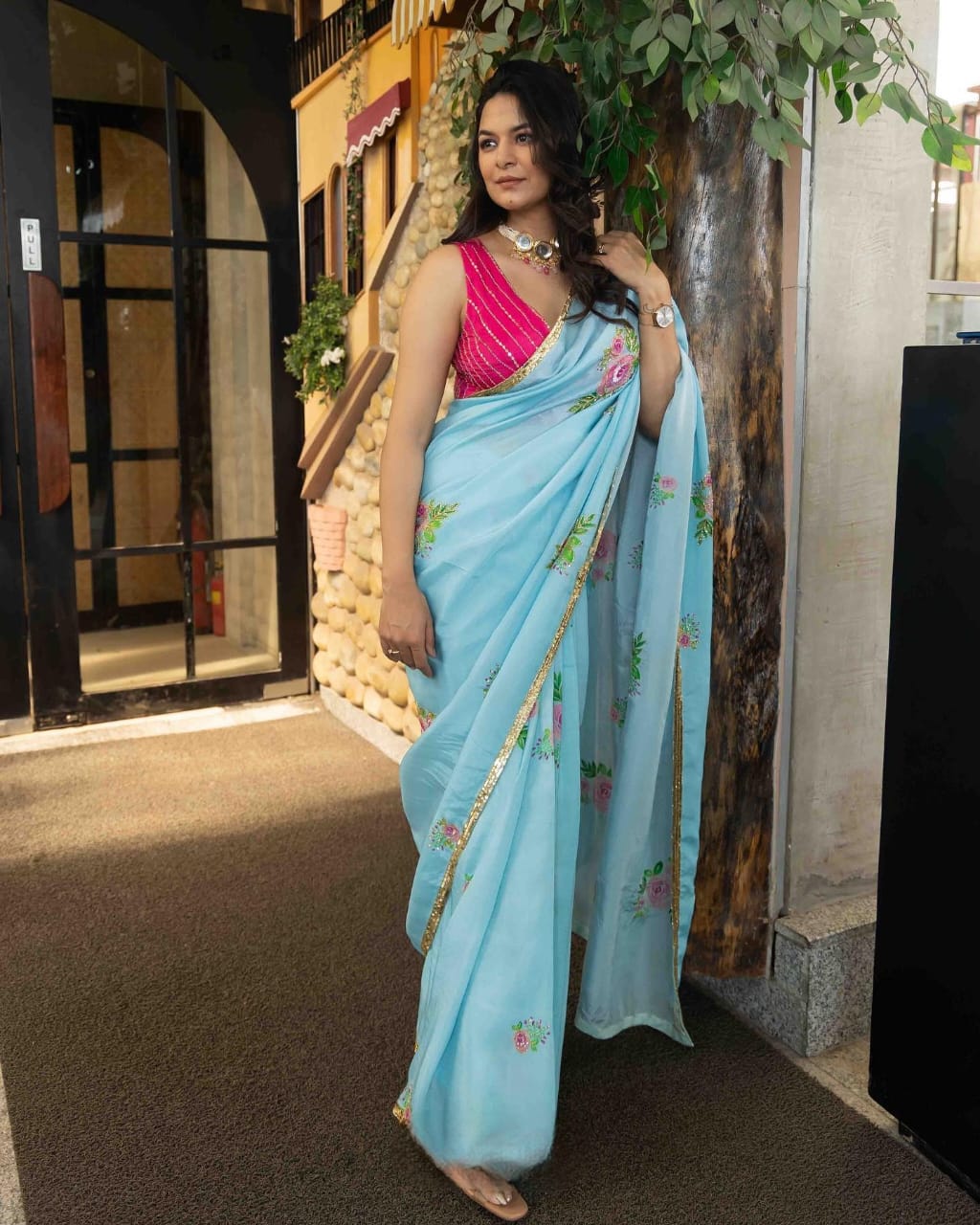 Sky blue Color Georgette Party Wear Ruffles Saree | Lovely Wedding Mall