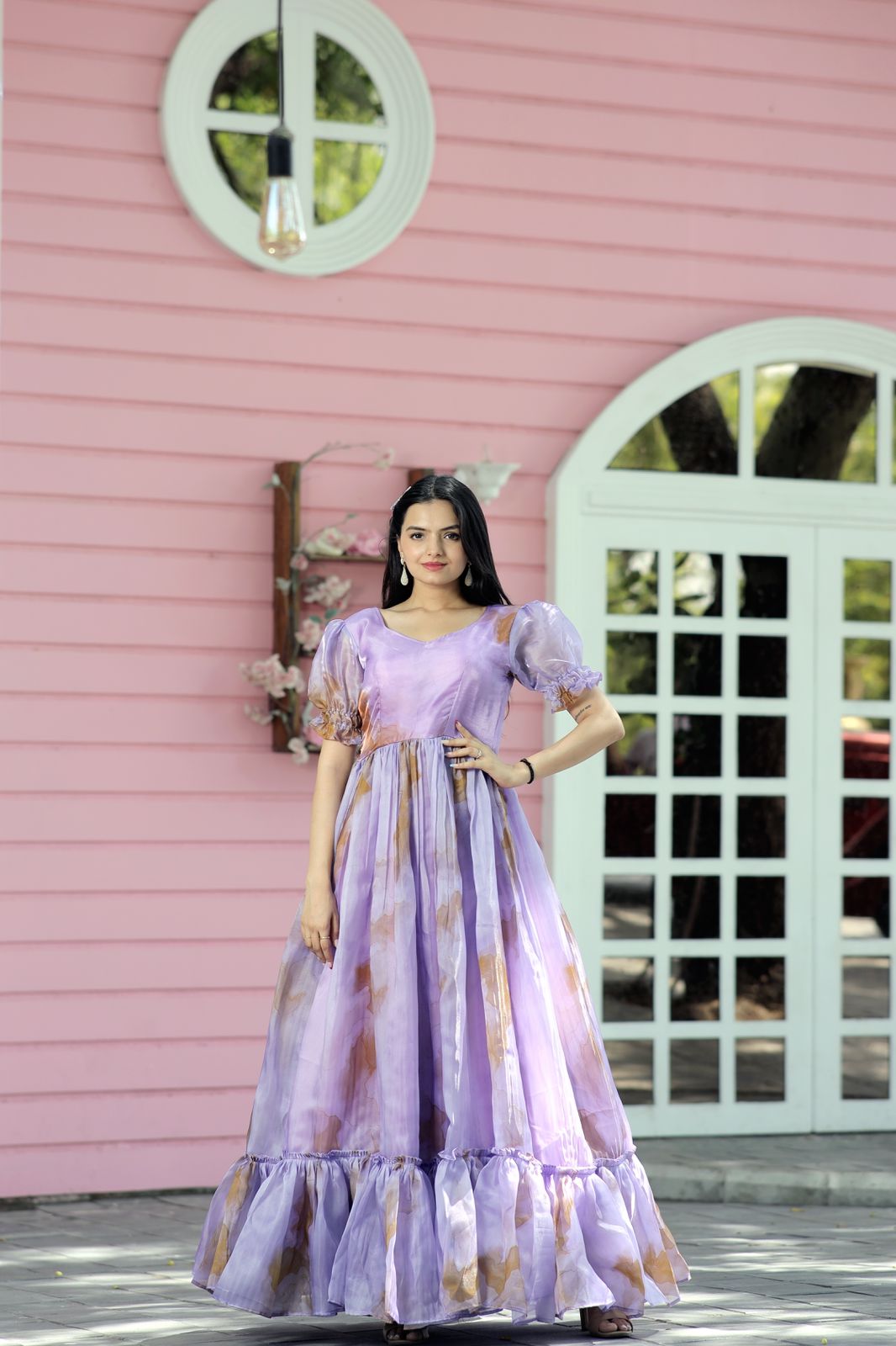 Fancy Puff Sleeves Lavender Color Gown