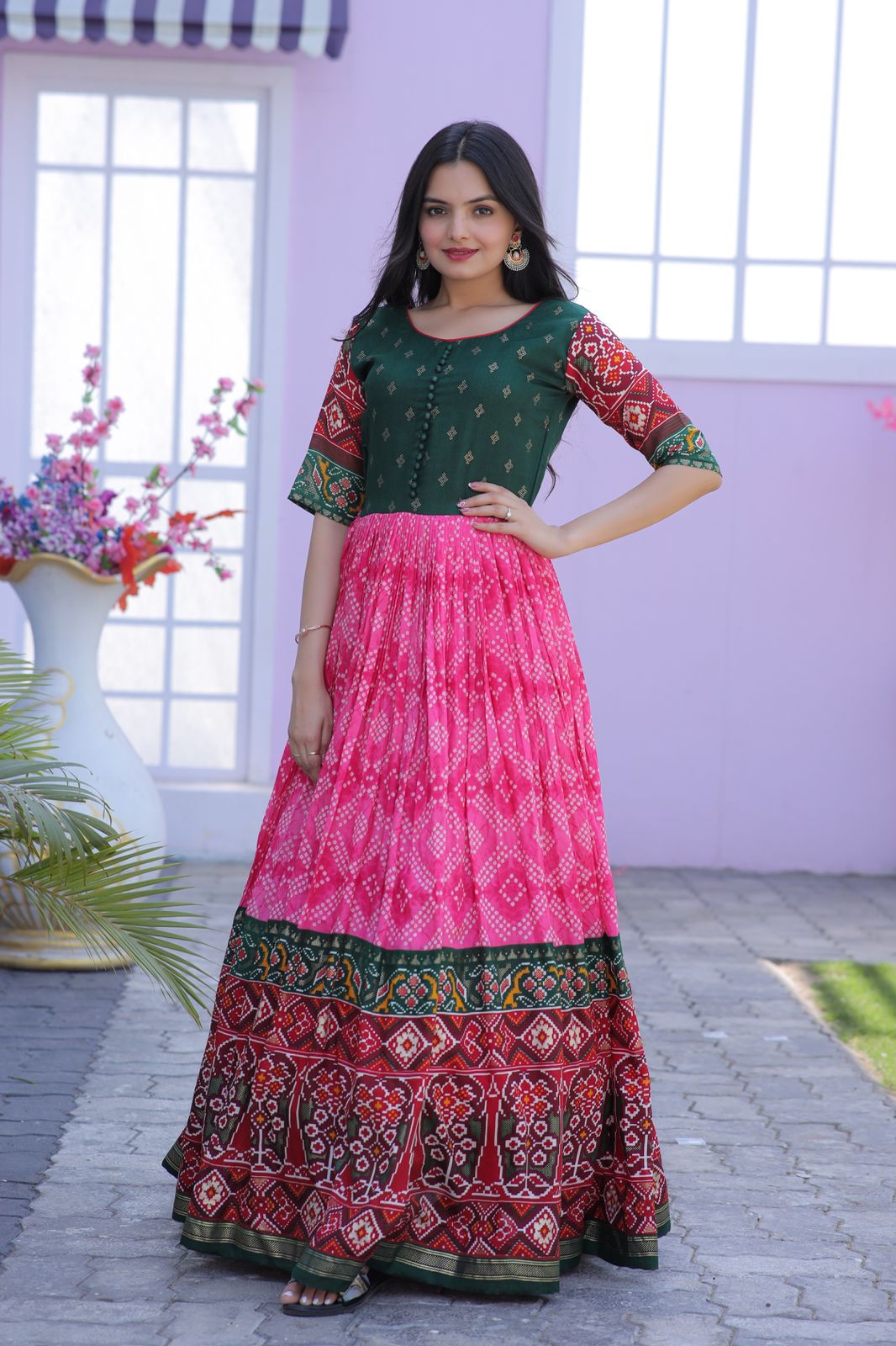 Classy Foil Print Work Pink Color Gown