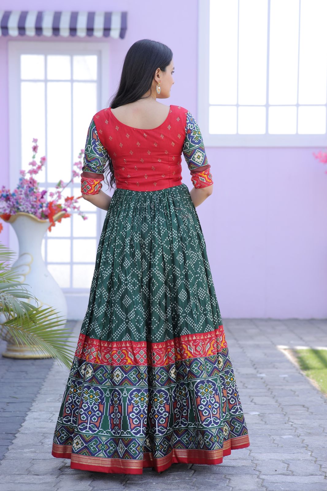 Classy Foil Print Work Green Color Gown