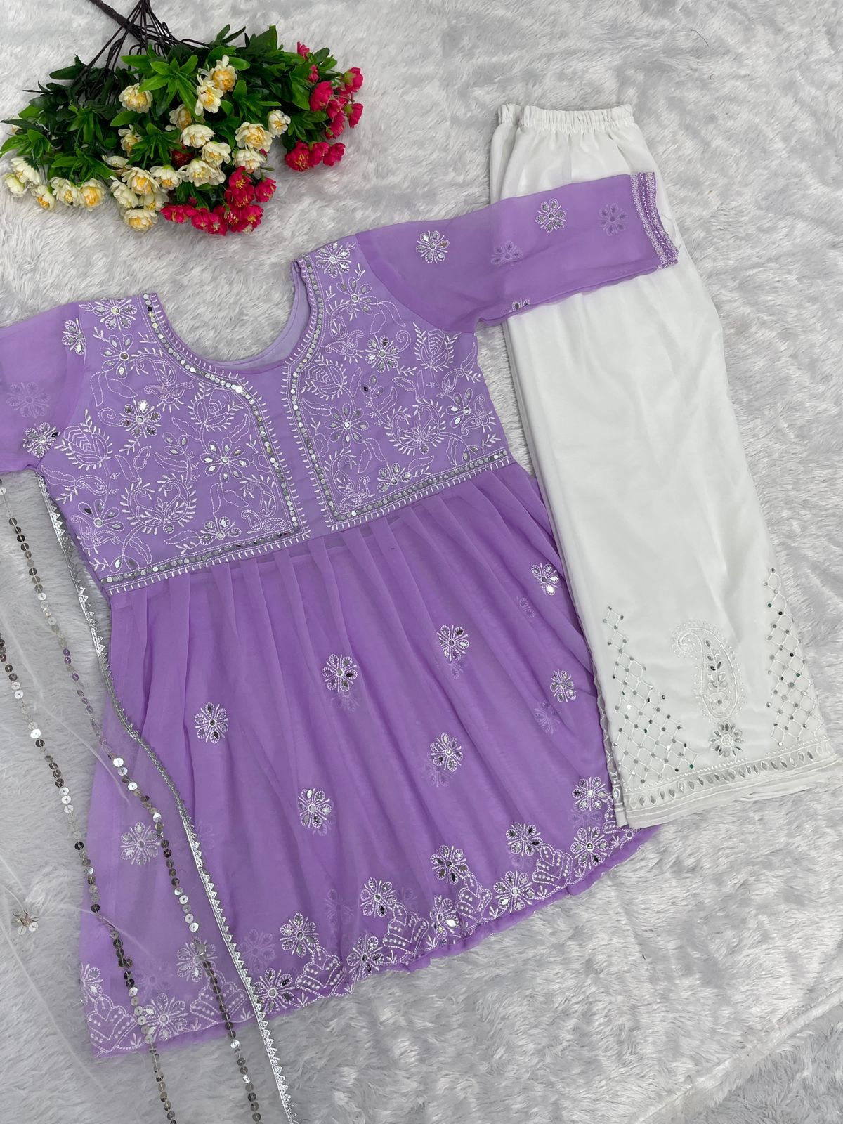 Real Mirror Work Lavender Top With Palazzo