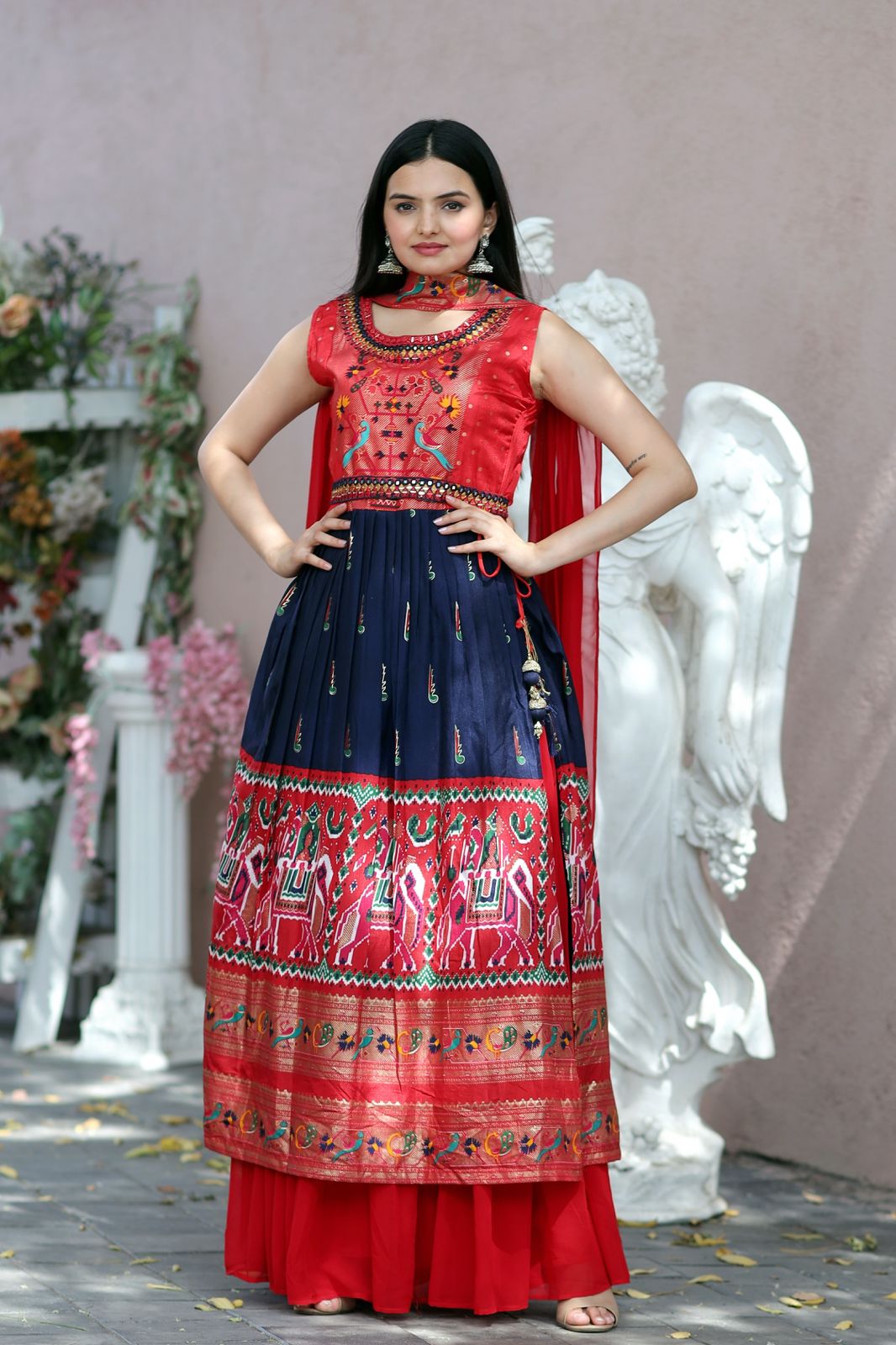 Designer Hand Mirror Red With Navy Blue Sharara Suit