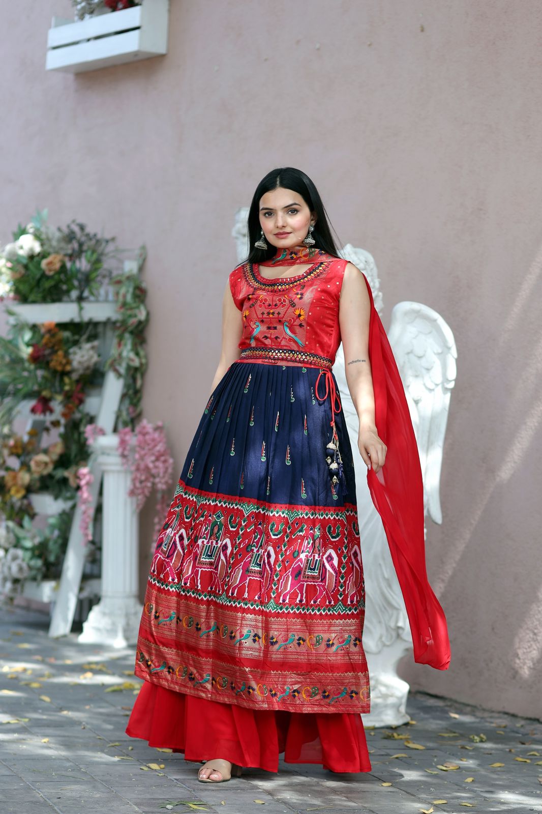Designer Hand Mirror Red With Navy Blue Sharara Suit