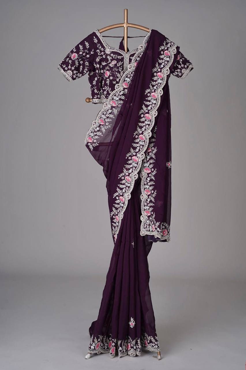 Wine Color Embroidery With Cut Work Border Saree