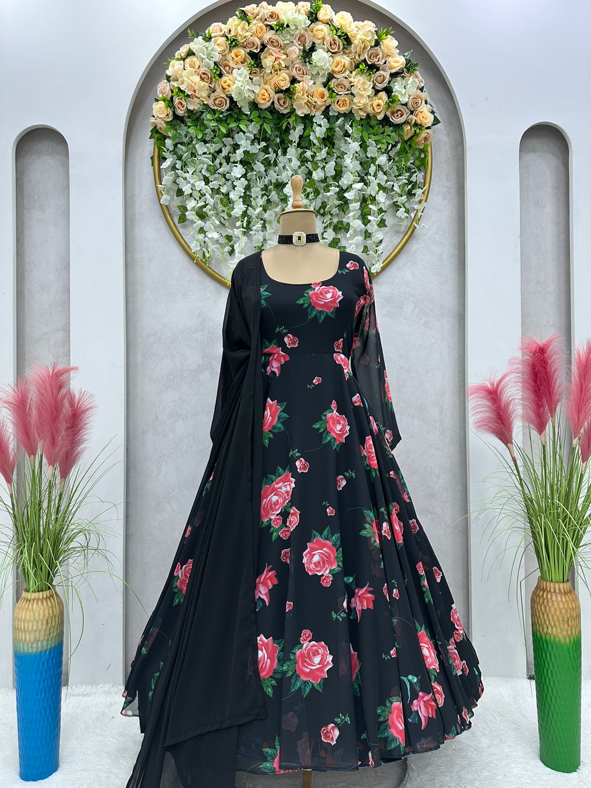 Fully Stitched Georgette Black Color Anarkali Gown
