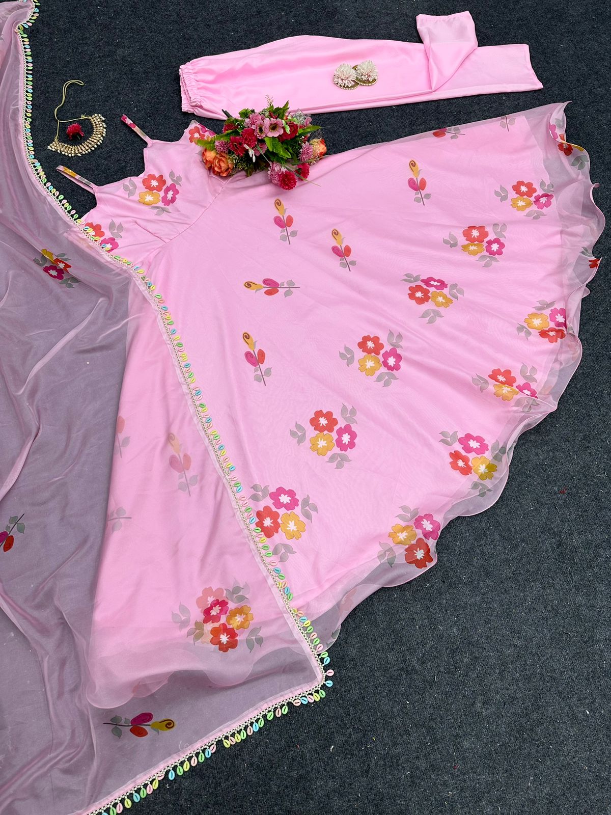 Organza Silk Fancy Flower Pink Color Anarkali Gown