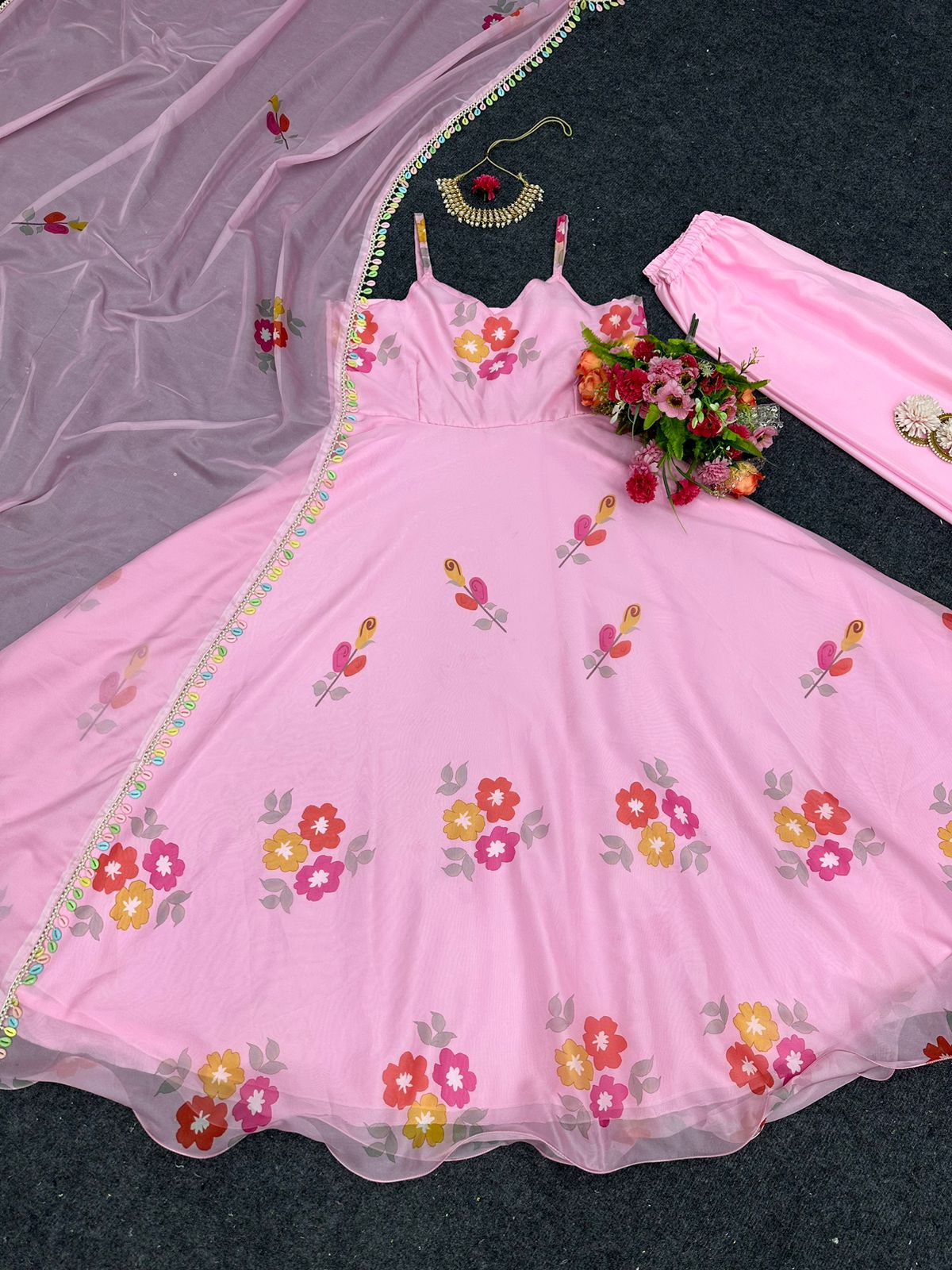 Organza Silk Fancy Flower Pink Color Anarkali Gown
