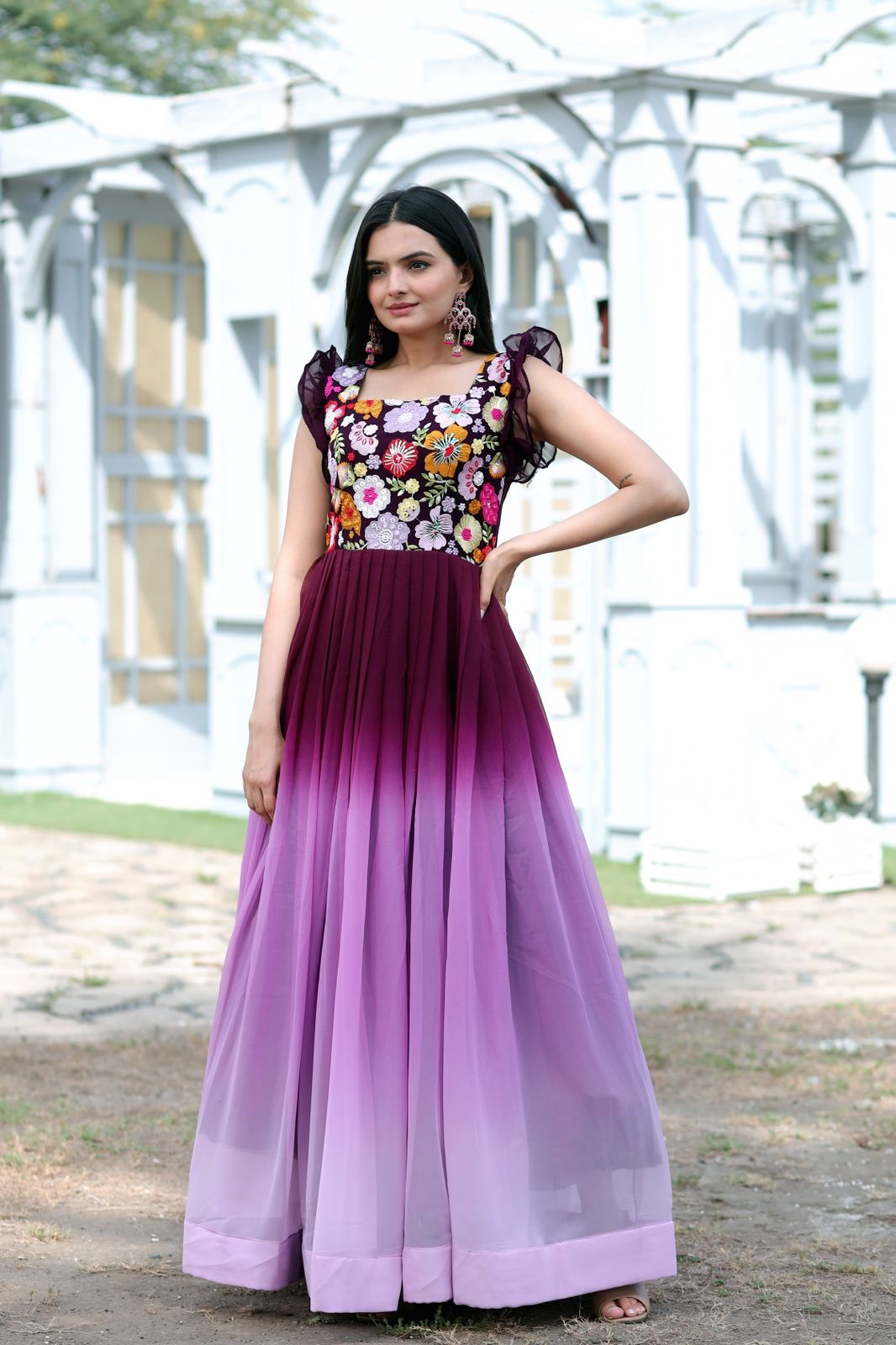 Soft Premium Net Wedding wear Gown in Wine Color with Embroidery - Anarkali  Suits
