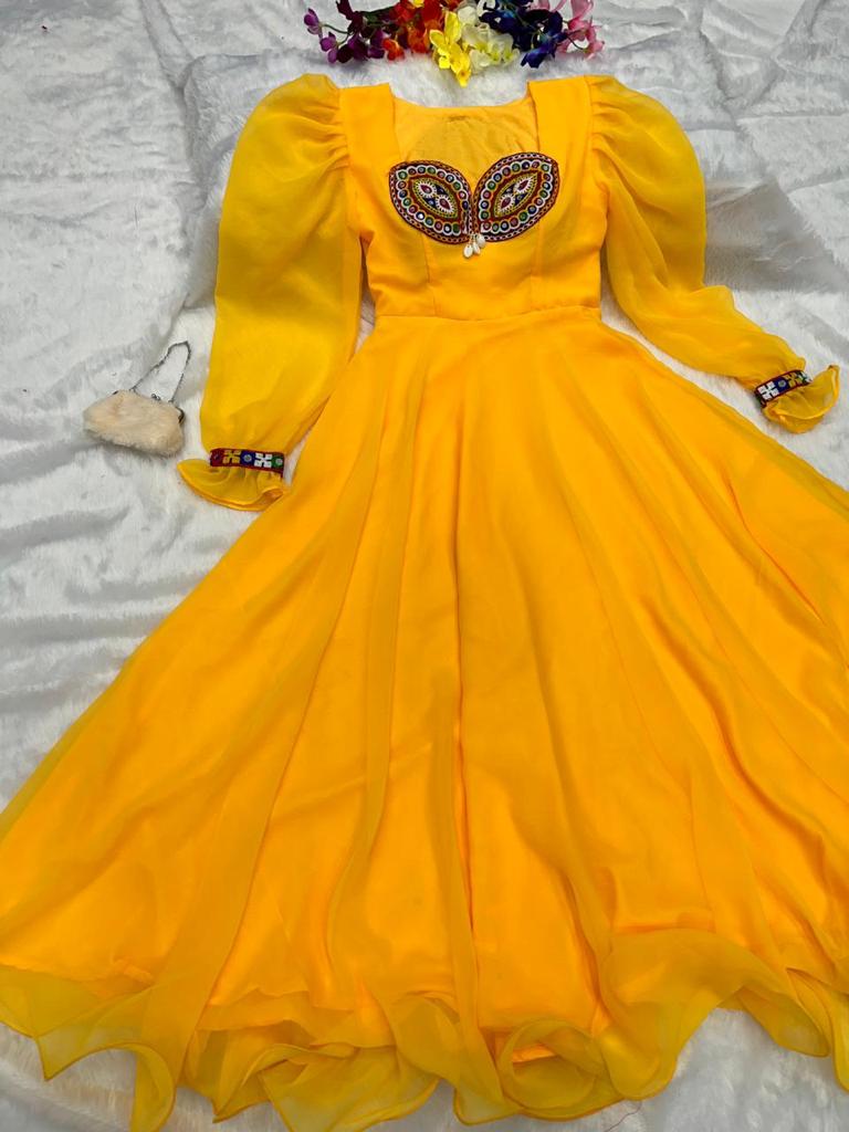 Fairy Look Mirror Work Yellow Color Anarkali Gown