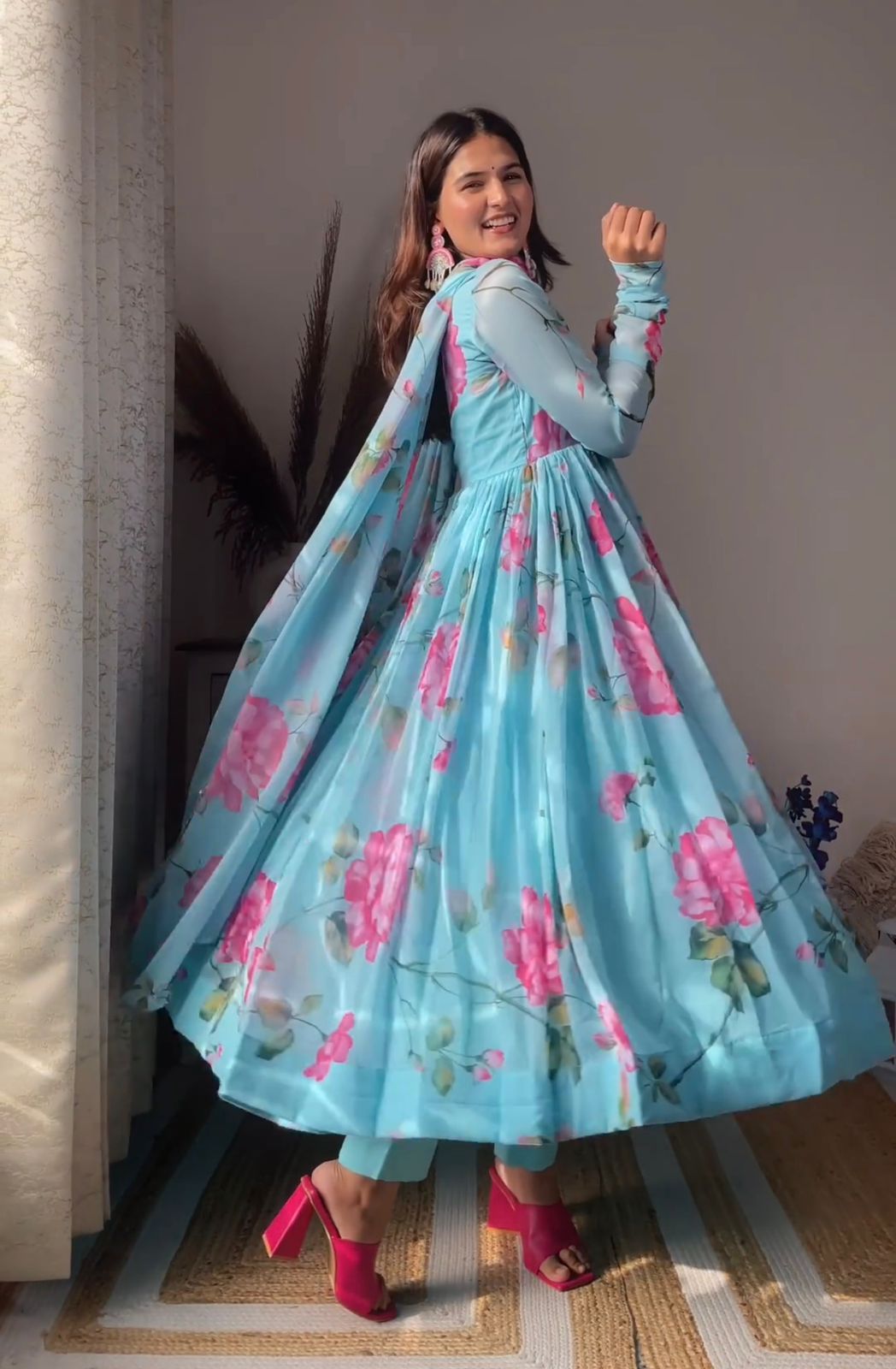 Colorful Flower Design Sky Blue Lovely Gown