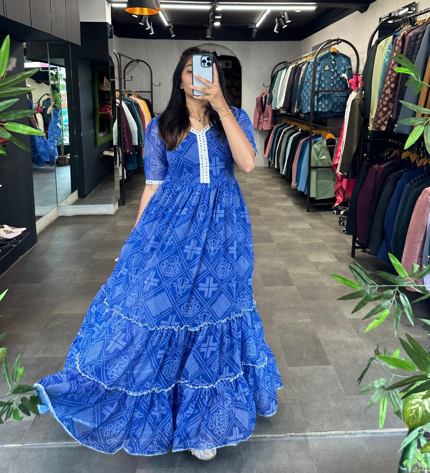 Digital Print Blue Color Ruffle Style Stylish Gown