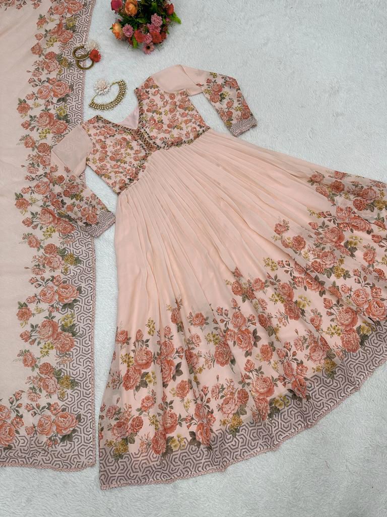 Classic Flower Design Beige Color Long Anarkali Gown