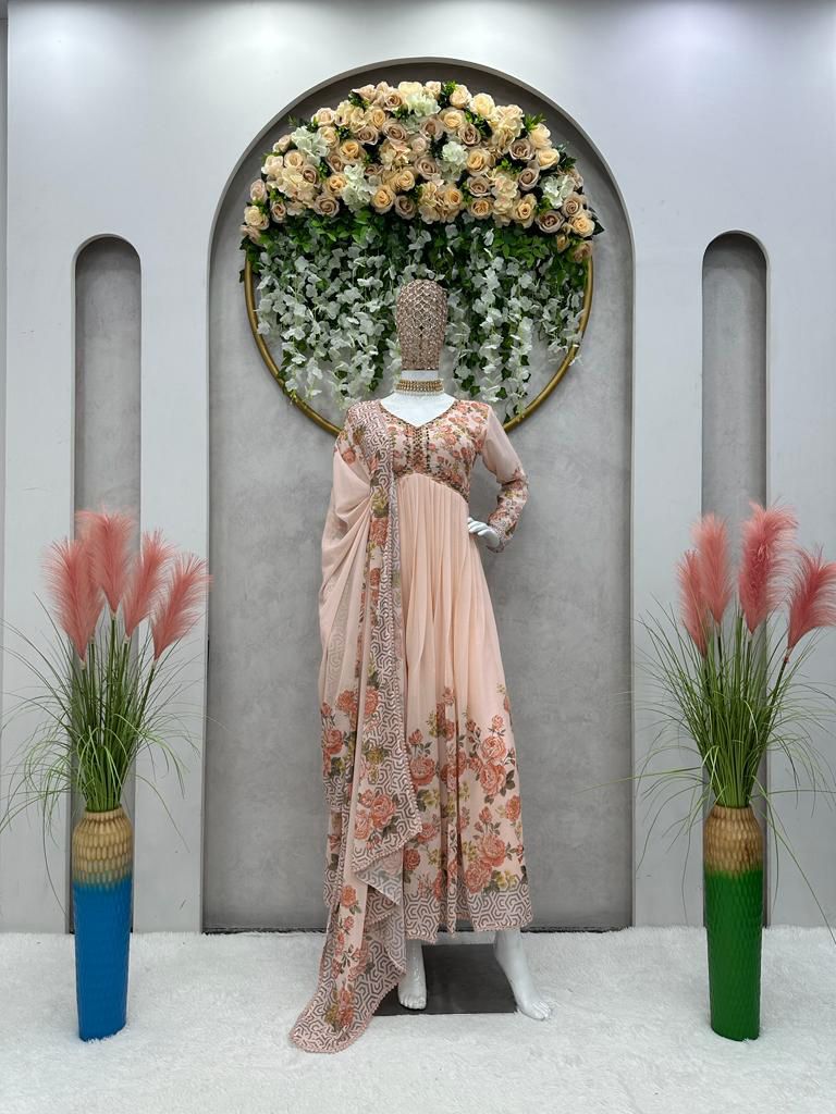 Classic Flower Design Beige Color Long Anarkali Gown