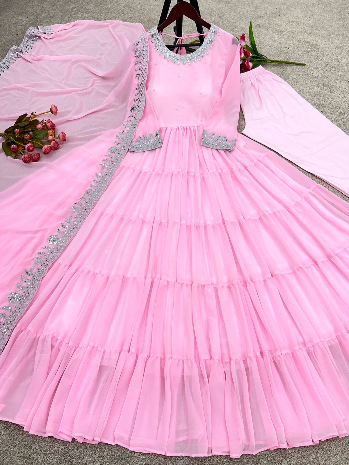 Ruffle Style Light Pink Color Sequence Work Anarkali Gown