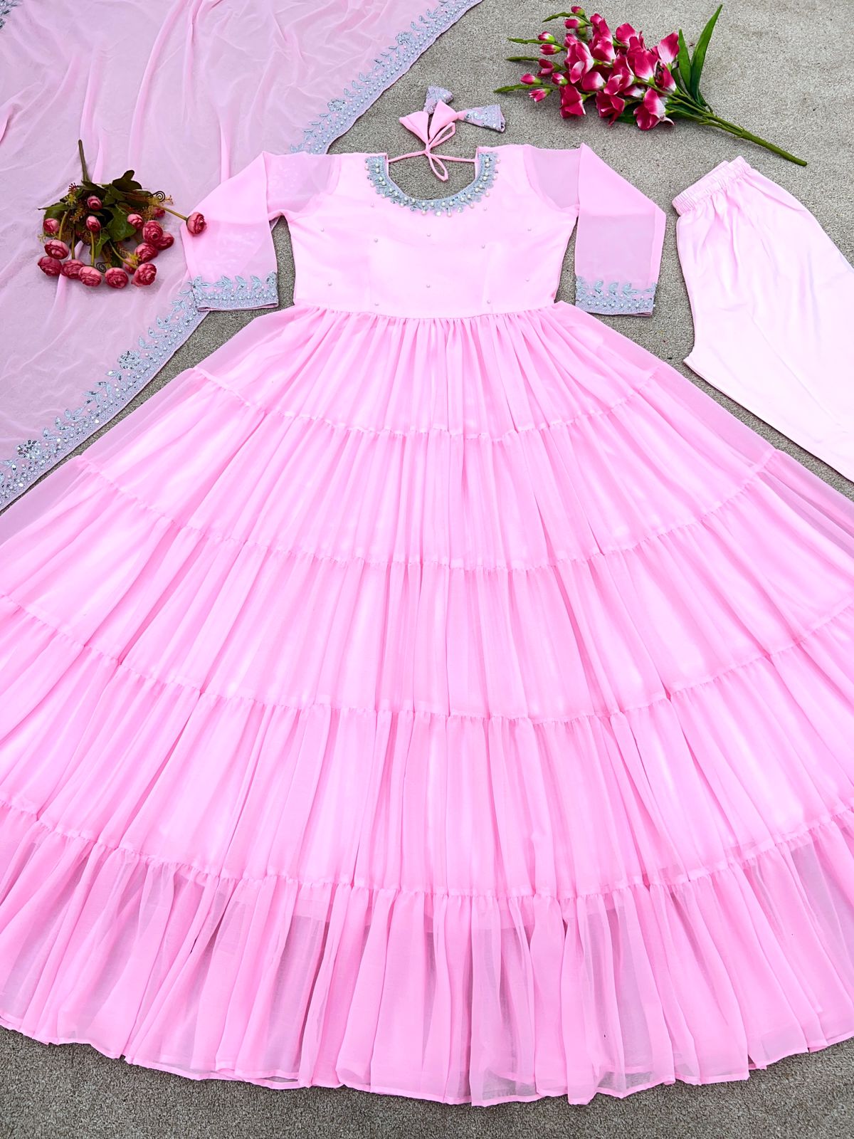 Ruffle Style Light Pink Color Sequence Work Anarkali Gown